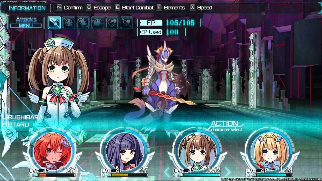 Work in progress. Content subject to change.

INFORMATION
Esc Confirm Q Escape E Start Combat F Elements X Speed

Attacks MENU

EP 105/105
EP Used 100

URUSHIBARA HOTARU

ACTION
character select

LVI 41 HPI 27
LVI 41 HPI 47
LVI 41 HPI 132
LVI 41 HPI 144

©2023 IDEA FACTORY COMPILE HEART
Licensed and published by Eastasiasoft Limited.