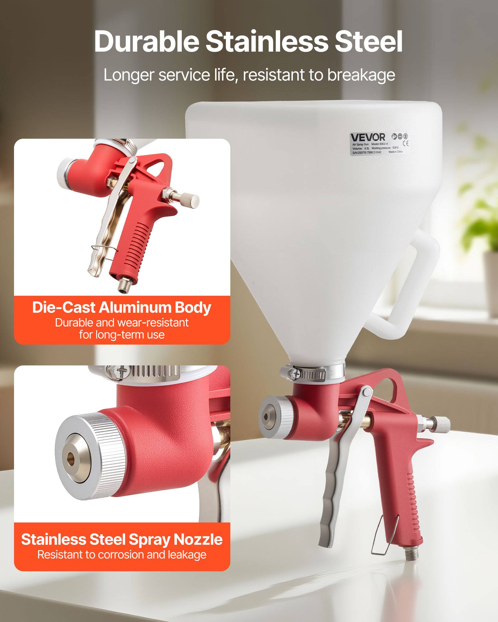 Durable Stainless Steel  
Longer service life, resistant to breakage  

Die-Cast Aluminum Body  
Durable and wear-resistant for long-term use  

Stainless Steel Spray Nozzle  
Resistant to corrosion and leakage