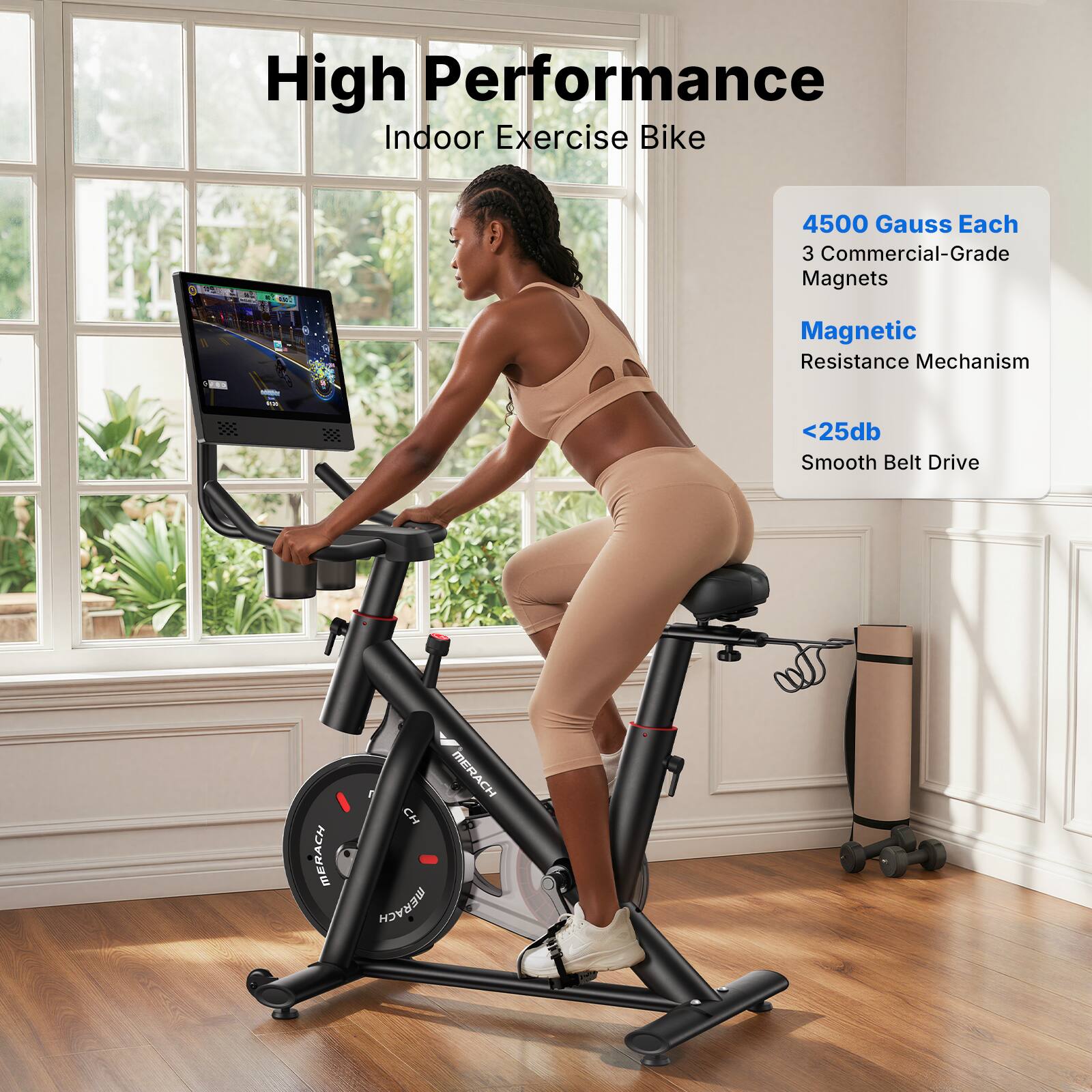 High Performance Indoor Exercise Bike

- 4500 Gauss Each
- 3 Commercial-Grade Magnets
- Magnetic Resistance Mechanism
- <25db Smooth Belt Drive

MERACH