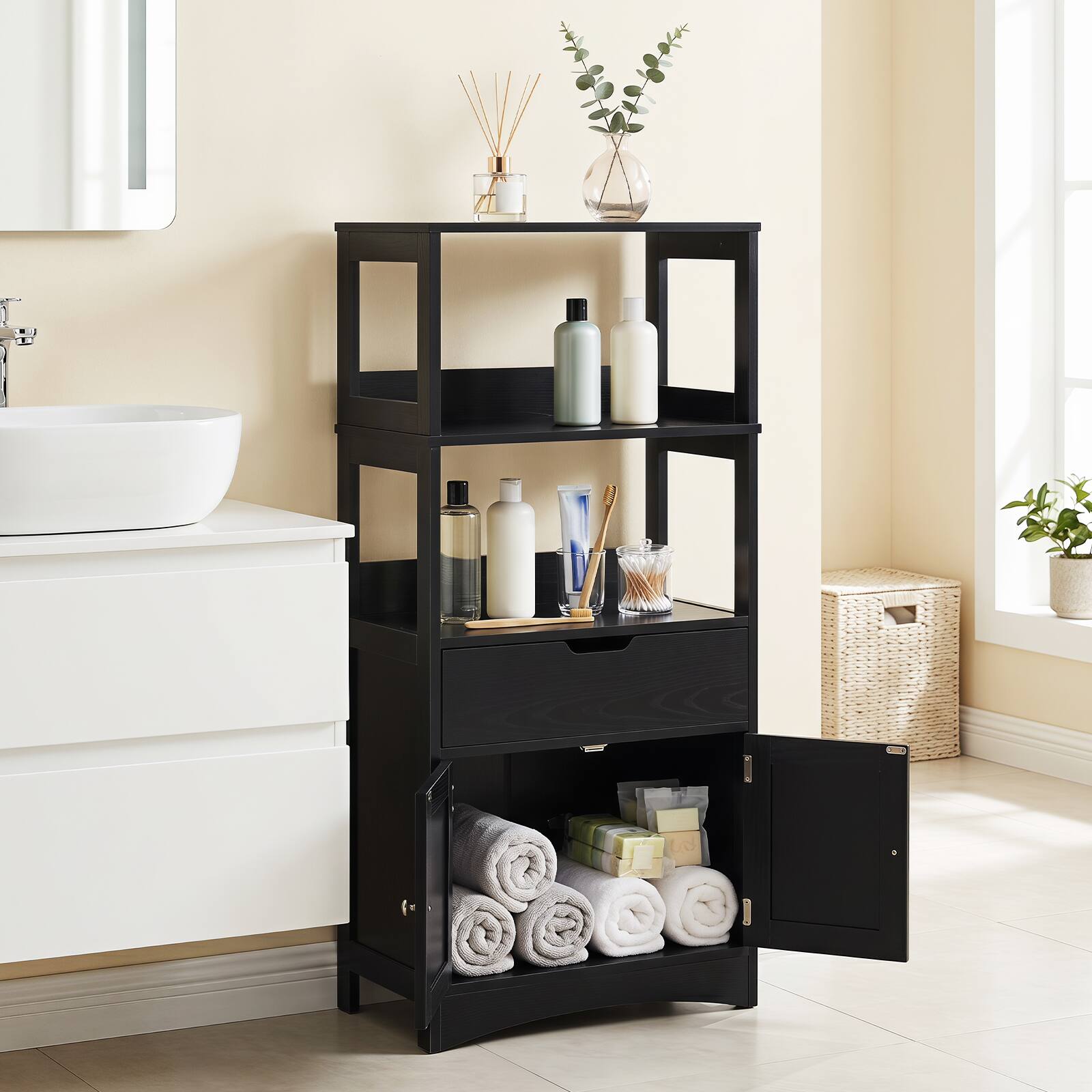 Alt View 1. Costway - Costway Bathroom Storage Cabinet with Open Shelves, Drawer & Doors for Bathroom, Laundry - Black.