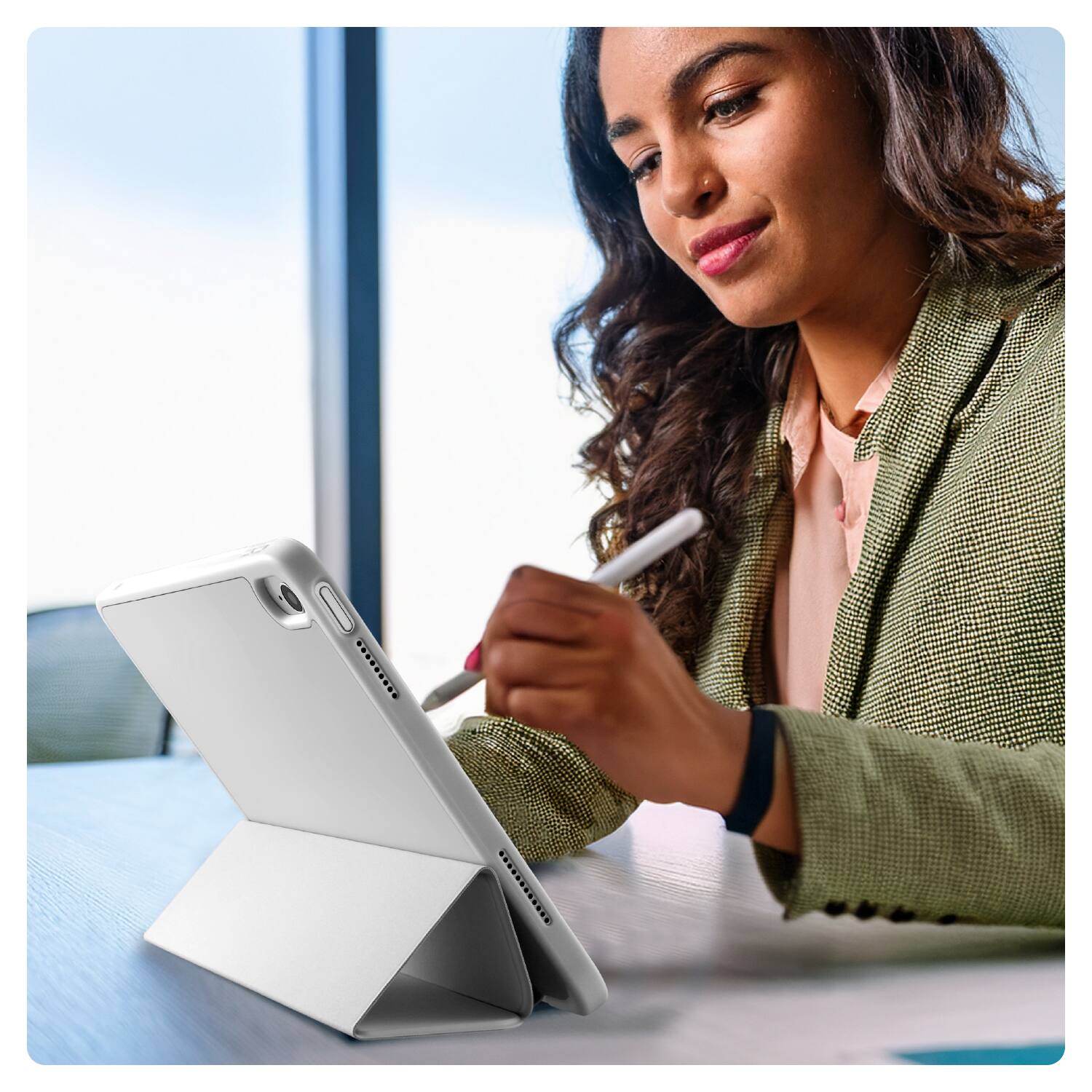 Angle. Vena - For Apple iPad A16 Case, iPad 10th Generation Case, iPad 11th Gen Case Trifold Stand Slim Protective Cover, Gray - Light Gray.