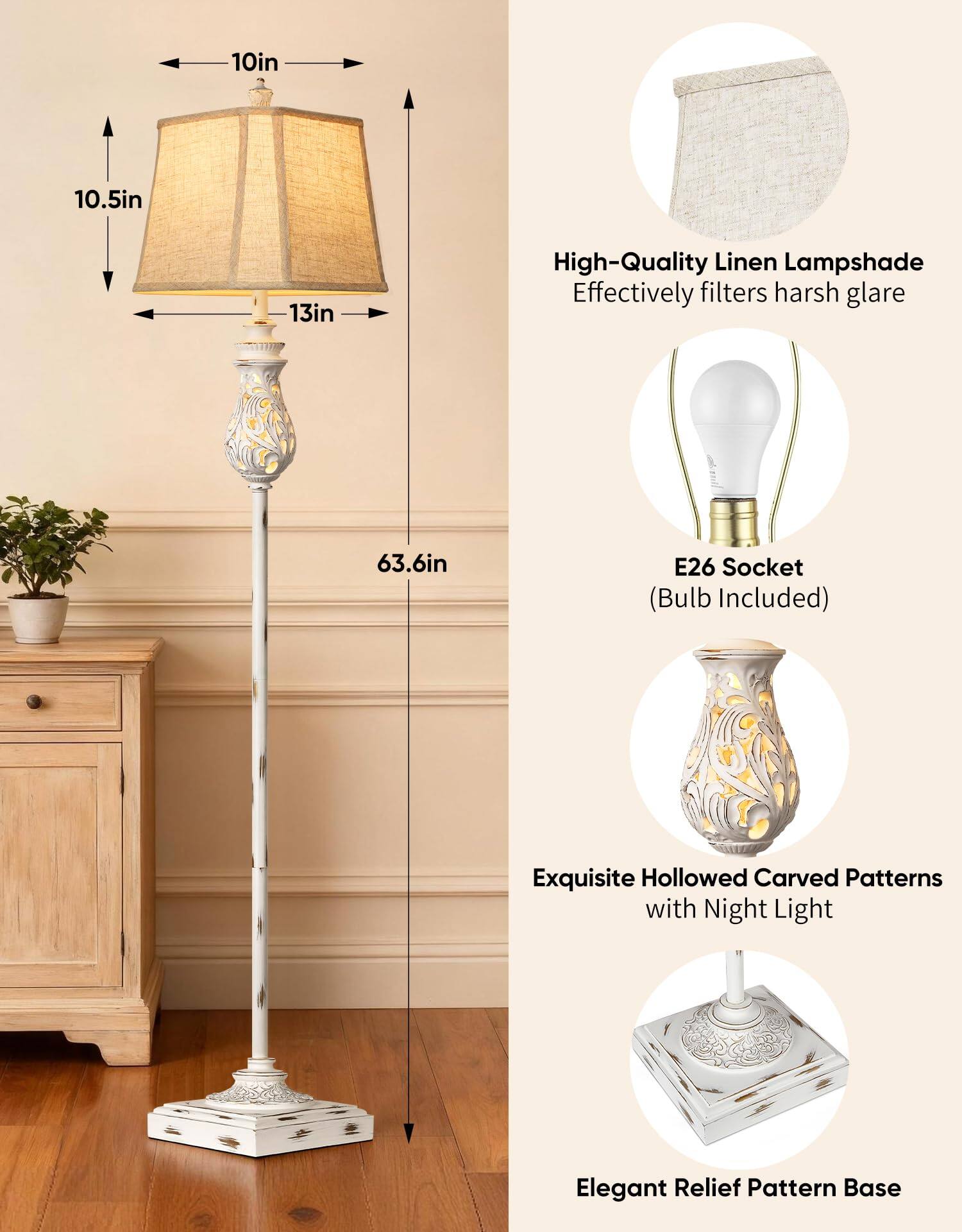 10in 10.5in 13in High-Quality Linen Lampshade Effectively filters harsh glare  
63.6in E26 Socket (Bulb Included)  
Exquisite Hollowed Carved Patterns with Night Light  
Elegant Relief Pattern Base