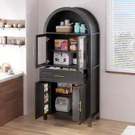 Boyel Living - 71 Inch Arched Glass Door Pantry Cabinet Farmhouse Storage with Barn Door Design - Black