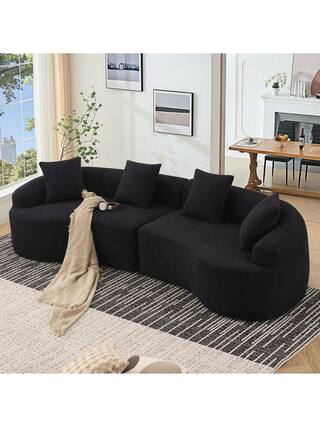 Front. Trinkets Crazed - 110" Curved Sectional Sofa For Living Room,Deep Seat Cloud Floor Couch With 4 Pillows,Chenille Upholstered Couch - Black.