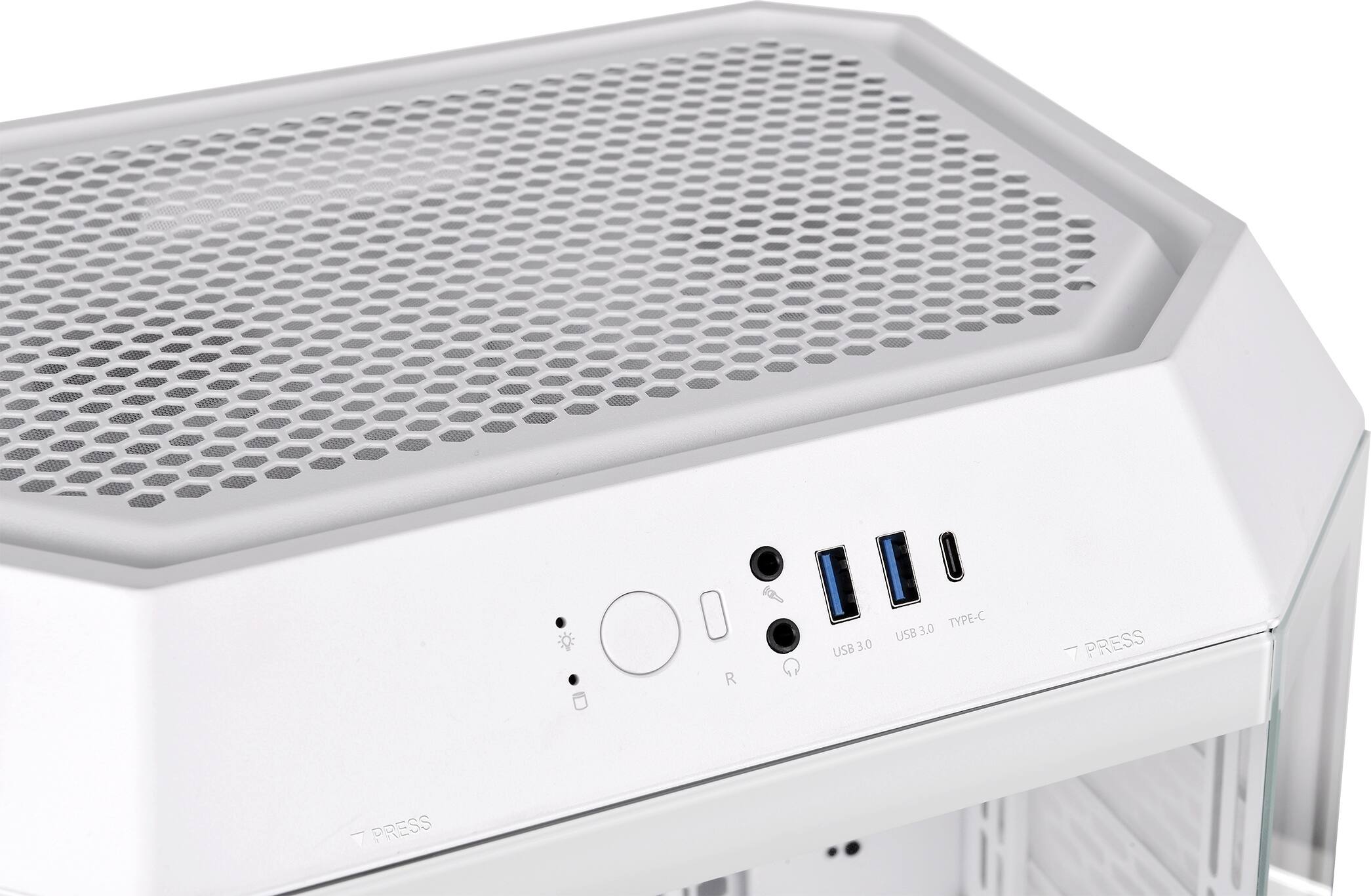 The image shows a white computer tower with a vent on the top. The tower has a USB 3.0 port on the front, and it is designed to be used with a Type-C USB 3.0 cable. The USB 3.0 port is compatible with the latest USB 3.0 technology, providing fast data transfer speeds and improved performance.