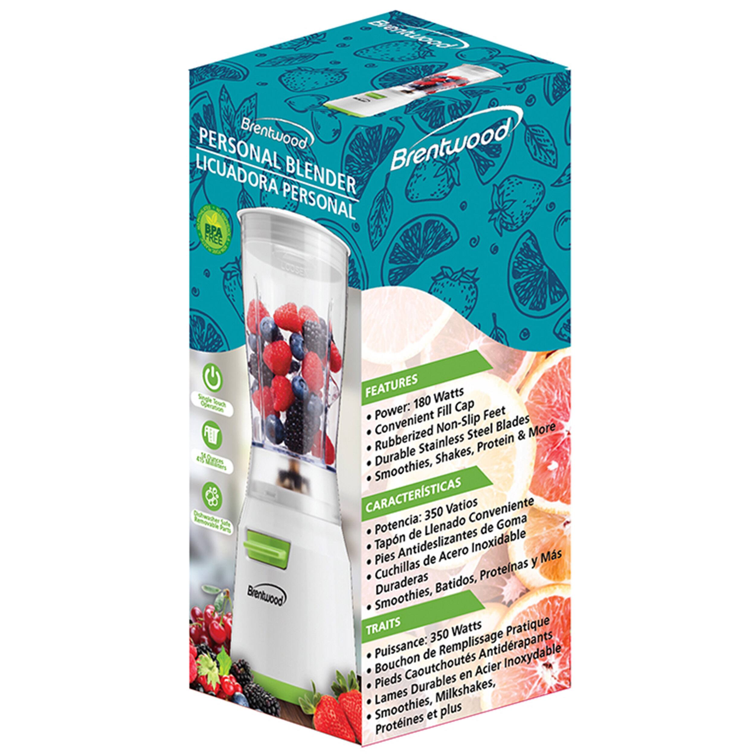 Brentwood Personal Blender: Features 180 watts, 350 Vatios, Convenient Non-Slip Steel Blades, More Rubberized & Stainless Protein, Durable Shakes, Smoothies, Characteristics 350 Watts, Pratique Puissance: de Remplissage Antidrapants Inoxydable Bouchon Caoutchouts Acier Pieds en Lames Durables Milkshakes, Smoothies, et plus Proteines.