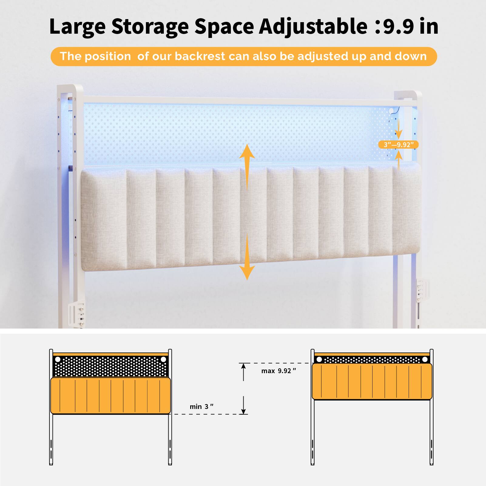 Large Storage Space Adjustable: 9.9 in  
The position of our backrest can also be adjusted up and down  
3" - 9.92"  
max 9.92"  
min 3"