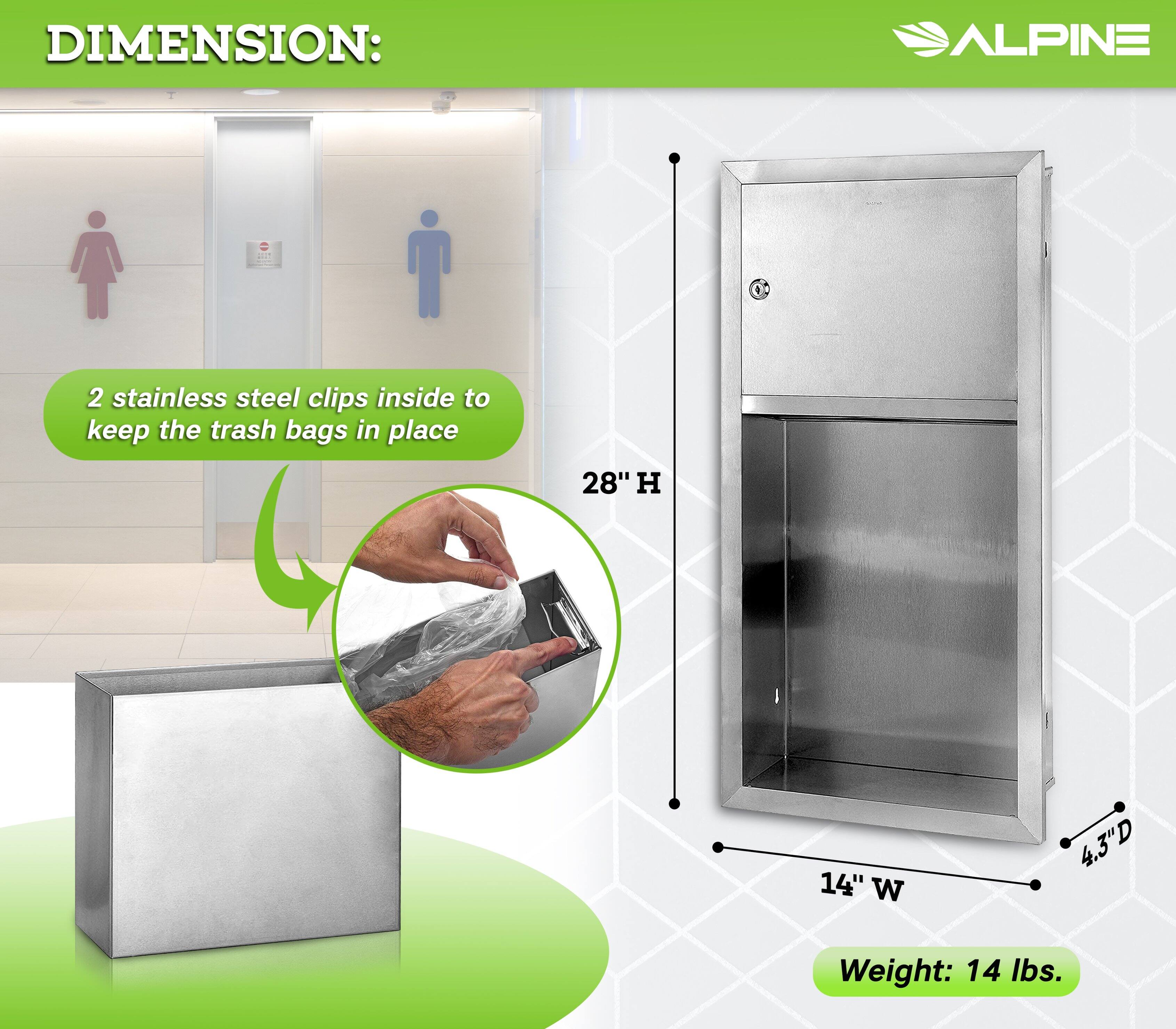 DIMENSION: 2 stainless steel clips inside to keep the trash bags in place 28" H 14" W 4.3"D Weight: 14 lbs.