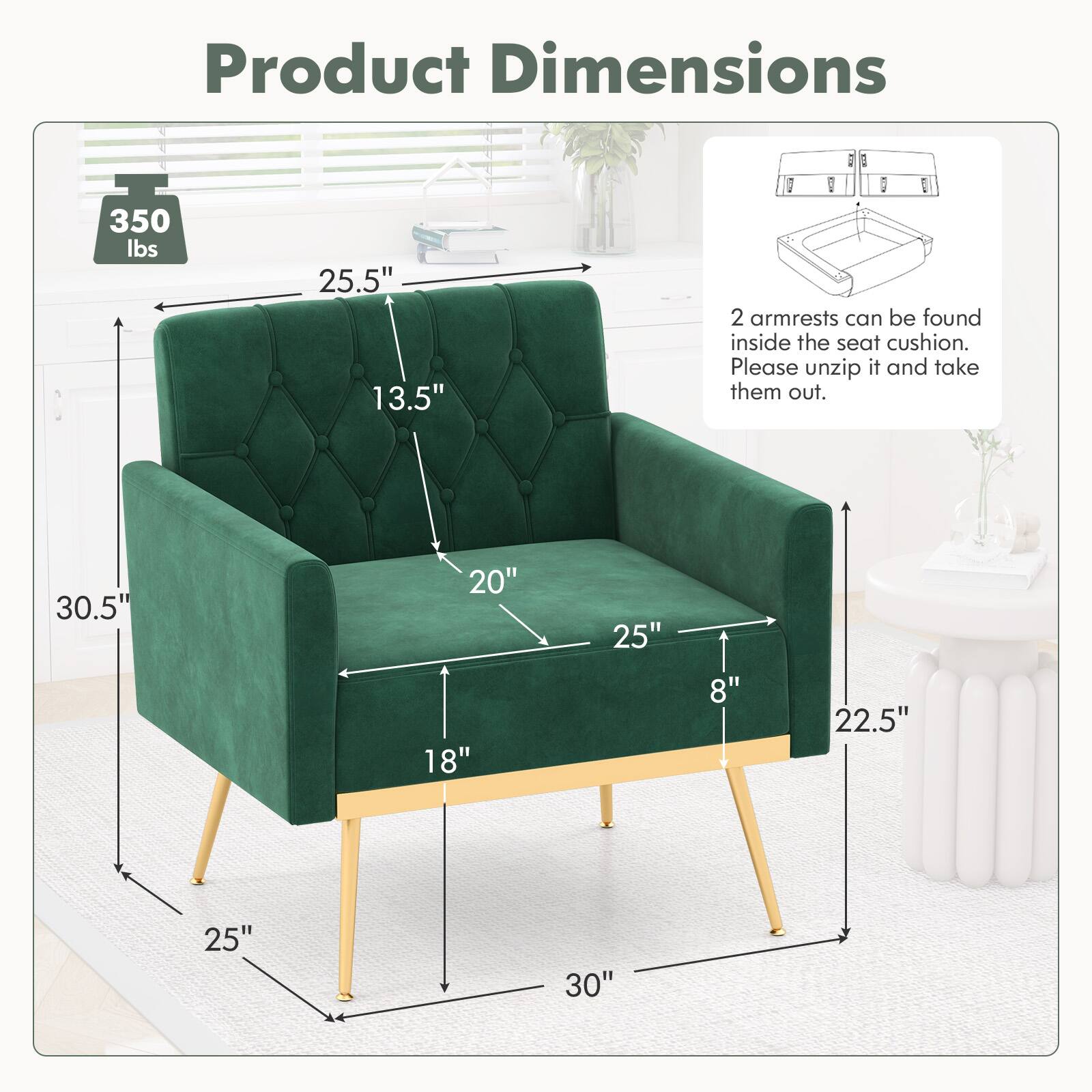 Product Dimensions

350 lbs

25.5" (width)
13.5" (depth)
30.5" (height)

20" (seat width)
25" (seat depth)
8" (seat height)

18" (side armrest width)
22.5" (front armrest width)
25" (armrest height)

30" (overall width)
25" (overall depth)

2 armrests can be found inside the seat cushion. Please unzip it and take them out.