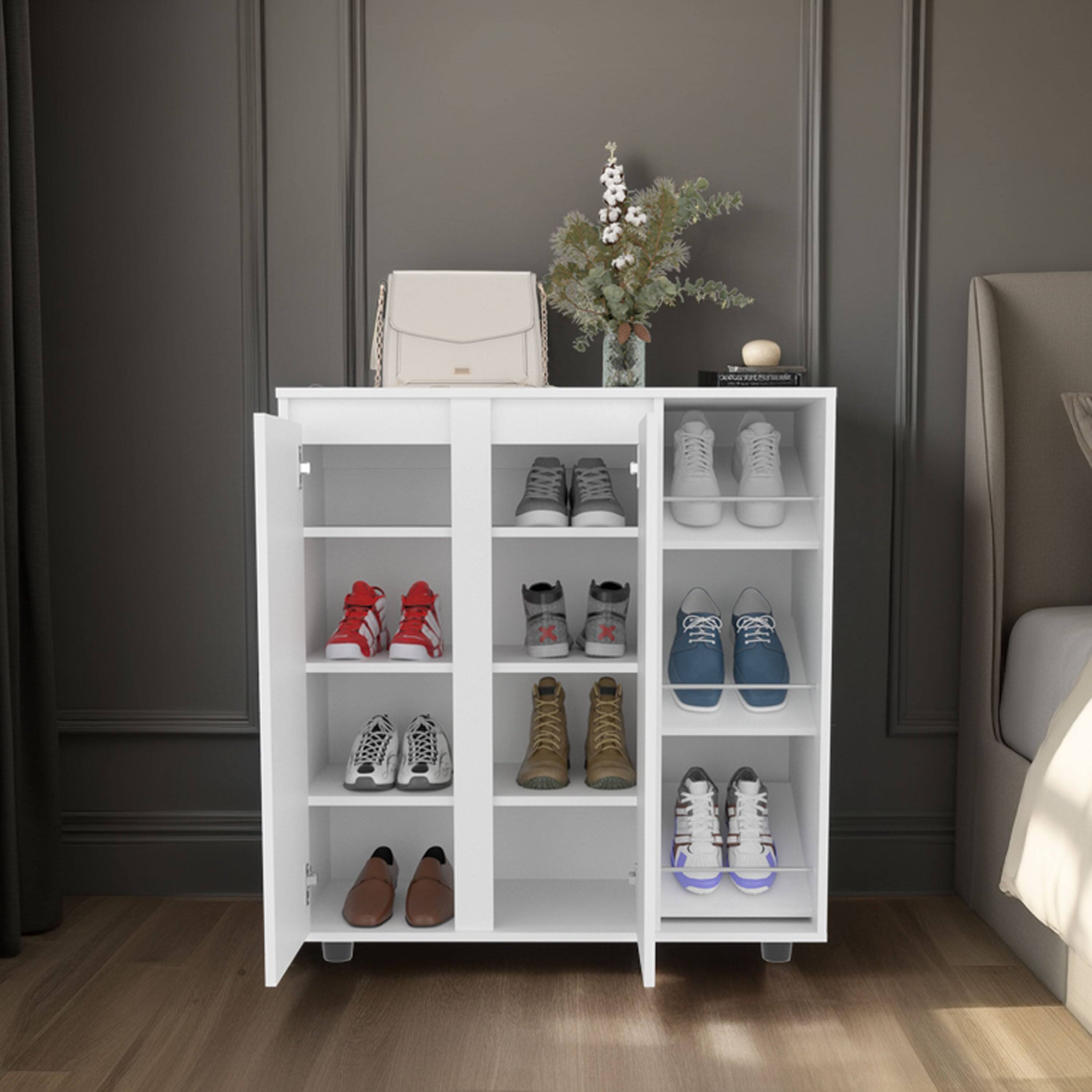Angle. TinyHomie - White 2-Door Shoe Storage Cabinet with 8 Enclosed Shelf - White.