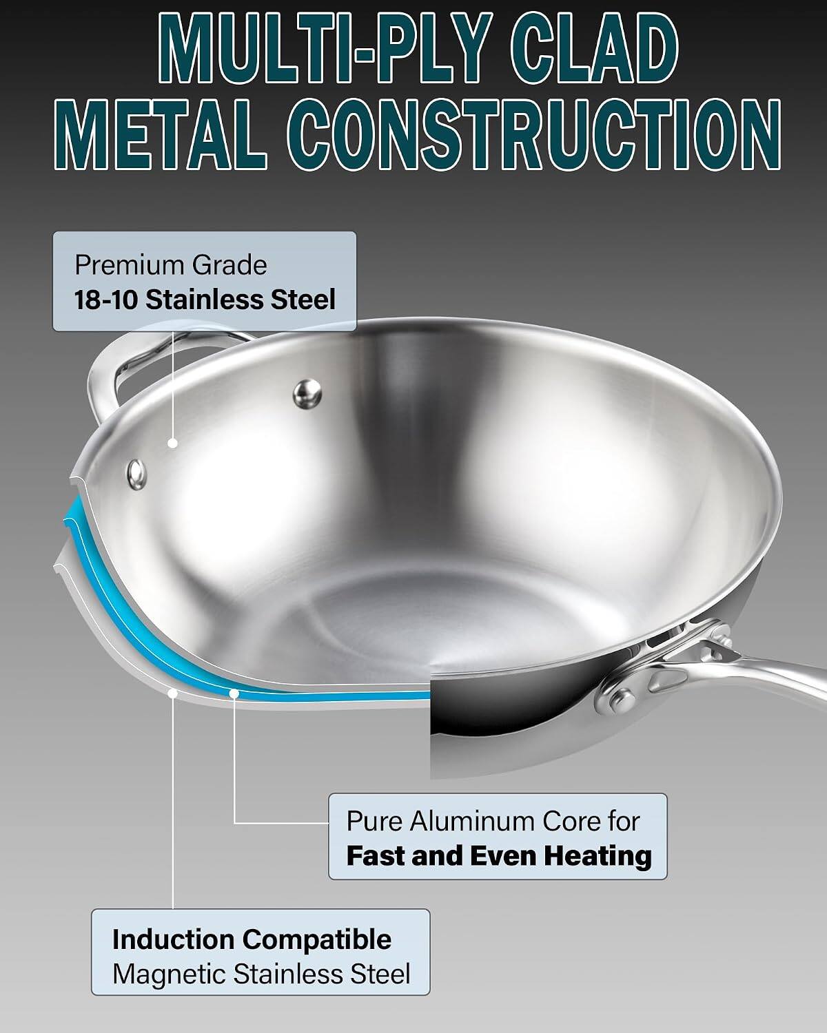 MULTI-Ply Clad Metal Construction

Premium Grade 18-10 Stainless Steel

Pure Aluminum Core for Fast and Even Heating

Induction Compatible Magnetic Stainless Steel