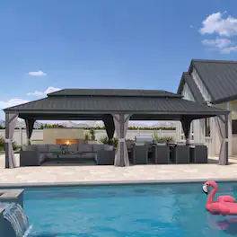 PURPLE LEAF - 12 X 26 FT Permanent Hardtop Aluminum Gazebo with Double Roof for Patio Lawn and Garden, Curtains and Netting Included - 12' x 26'