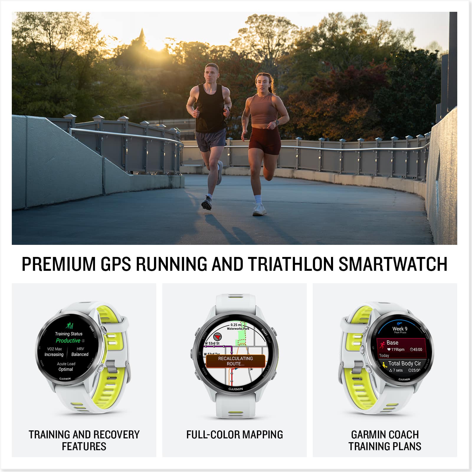 Premium GPS Running and Triathlon Smartwatch: Training Status Productive. HRV increasing, Balanced Amute Load, Optimal 0-nTAWOKS FaC - Lang D Sht CALCULATING ROUTE Week - Base 190pm 04S00 Today Total Body Cir A 1 sels 0250 i - ARMIN TRAINING AND RECOVERY FEATURES FULL-COLOR MAPPING GARMIN COACH TRAINING PLANS