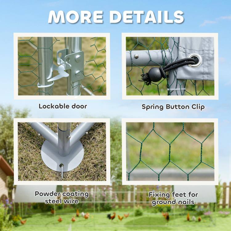 MORE DETAILS

- Lockable door
- Spring Button Clip
- Powder coating steel wire
- Fixing feet for ground nails