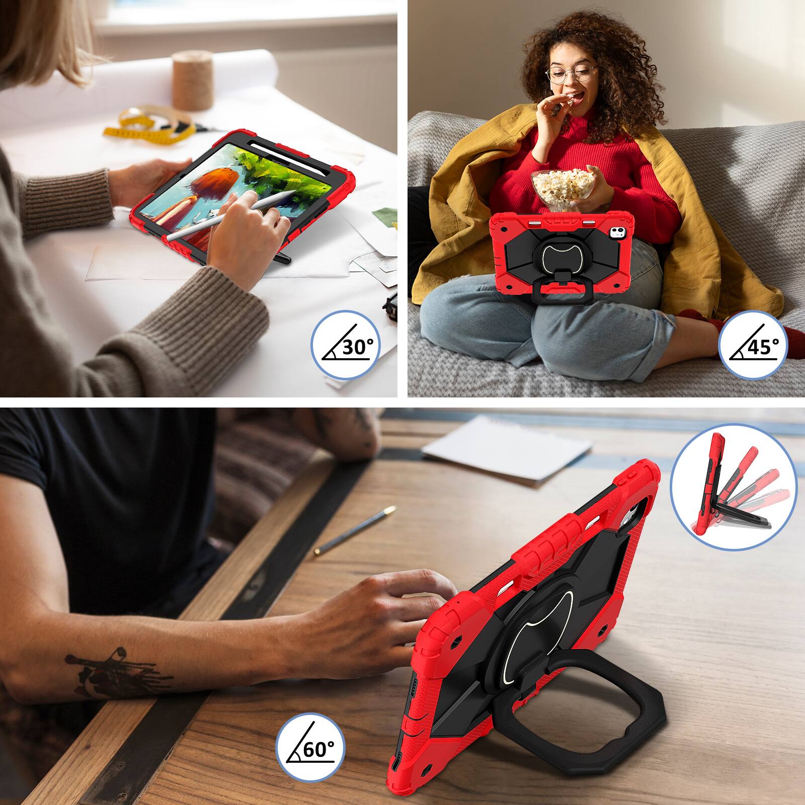 Left. Dteck - Case for Apple iPad Pro 13-inch (M5) 2025/(M4) 2024 , 3-Layer Rugged Kickstand Handle Grip Cover+Strap - Red Black.