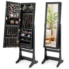 Costway - Lockable Mirrored Jewelry Cabinet Armoire Organizer Storage with Stand & LED Lights - Black