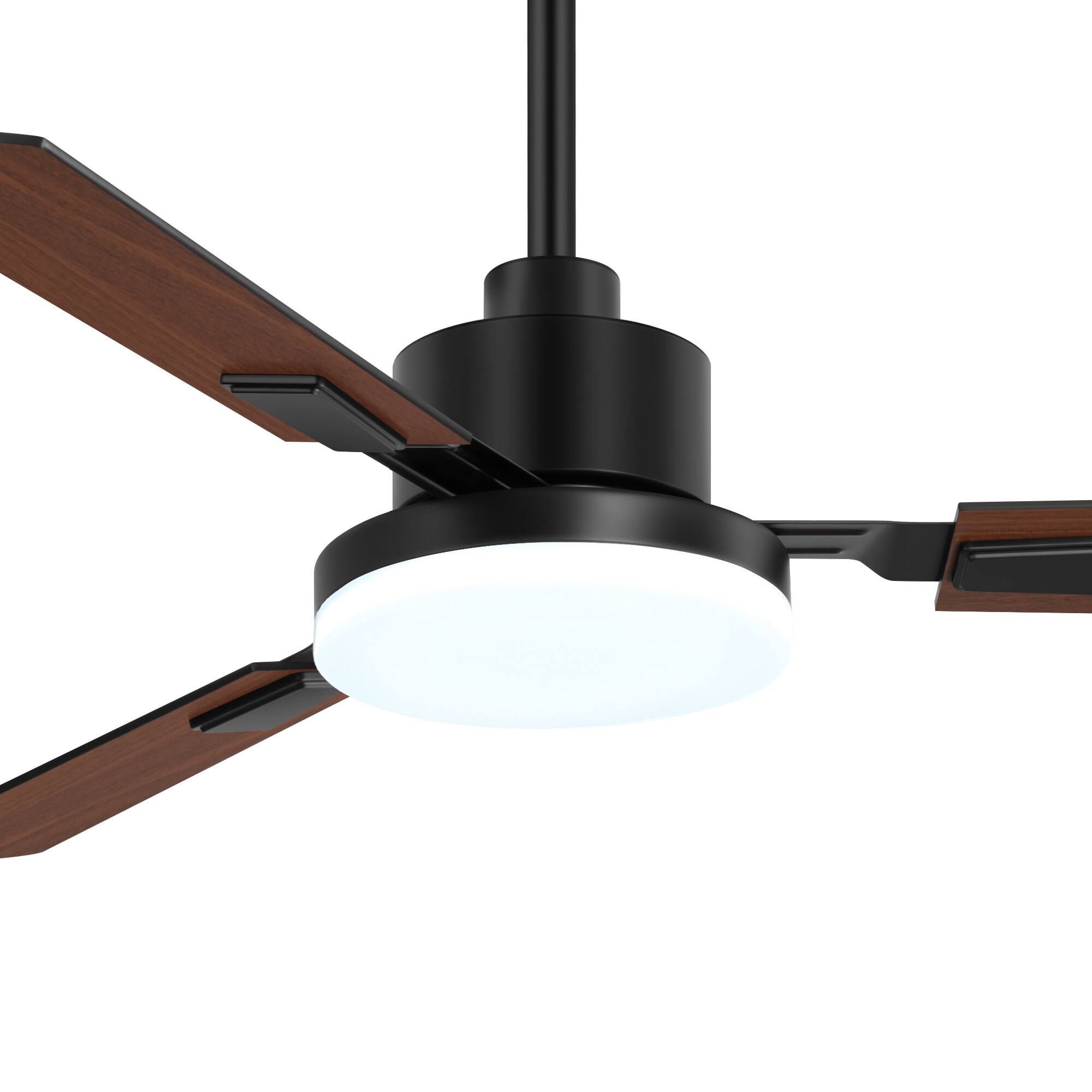 Left. Breezary - 52'' Ceiling Fan with 3 Dual-Finish Plywood Blades, 3-Color Light, 6-Speed DC Motor, Remote & Memory Function - Matte Black and Dark Wood Grain.