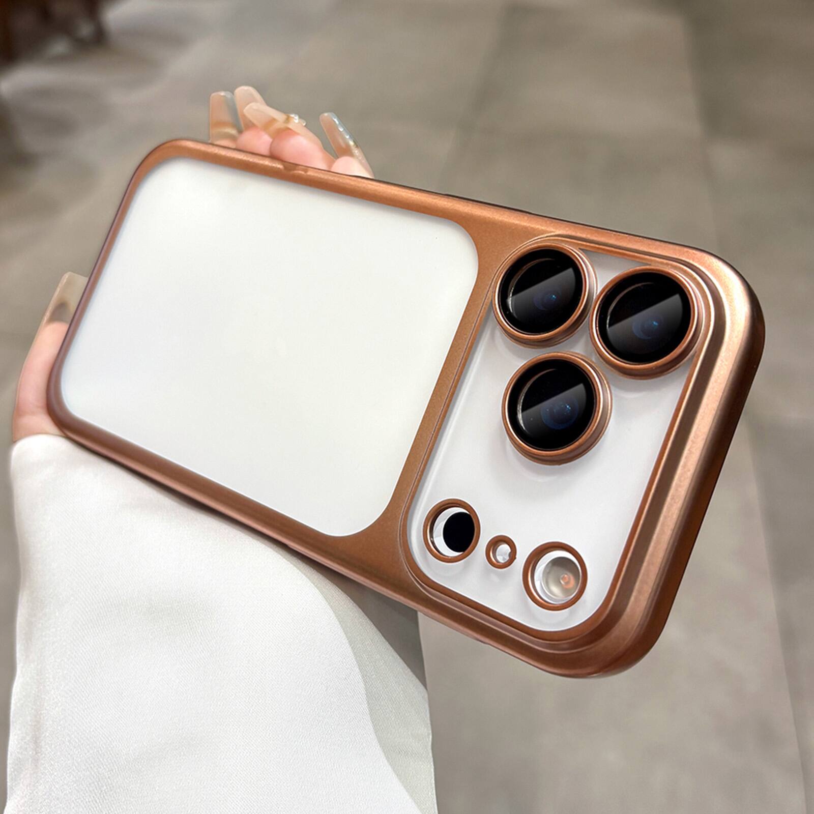 Left. Dteck - Plating Matte Case For iPhone 18 Pro Max with Camera Lens Screen Protector, Shockproof Frosted Translucent Cover - Desertgold.