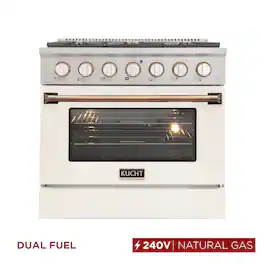 Kucht - 36" Dual Fuel Range for NG, SS/White Door, White Knobs, Gold Handle & Rings, Convection Oven - White & Gold