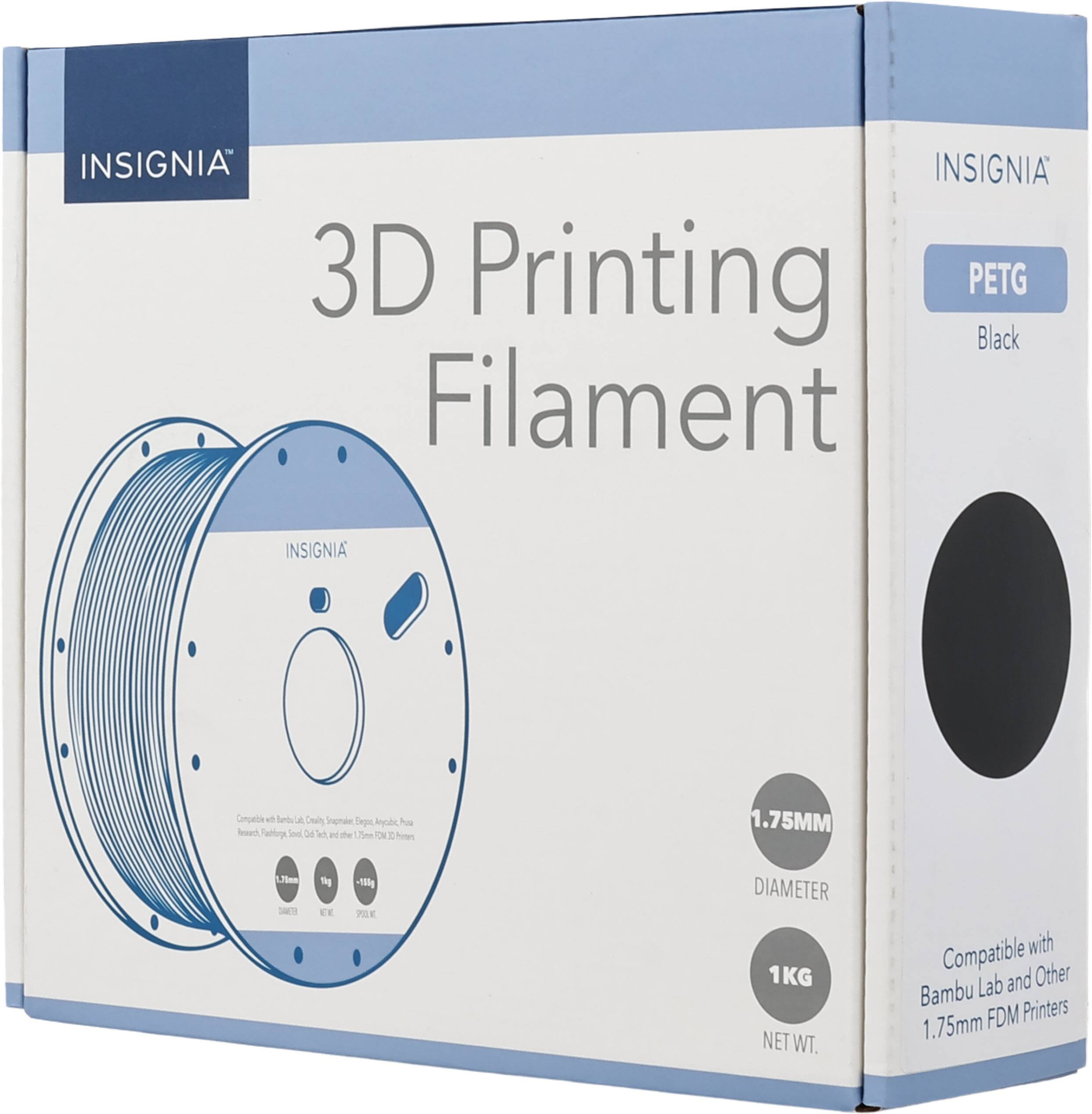 INSIGNIA 3D Printing PETG Black Filament  
INSIGNIA Cepaine l Selic A  
Ingrale Sepoc Al Pua kect Tamorge  
1.75MM 7mm - 1g EE -115g  
PILE DIAMETER 1 1KG NET WT.  
Compatible with Lab and Other Bambu FDM Printers 1.75mm