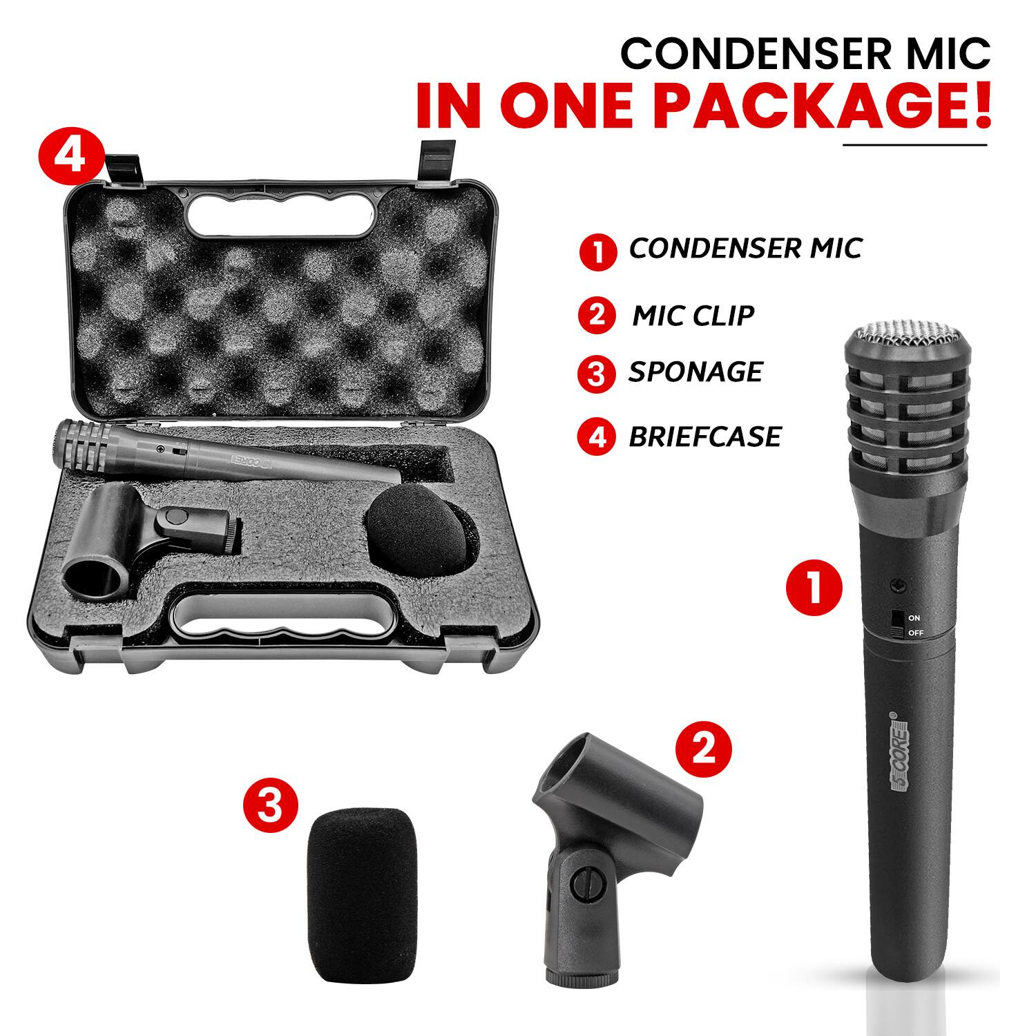4 CONDENSER MIC IN ONE PACKAGE!  
1 CONDENSER MIC  
2 MIC CLIP  
3 SPONGE  
4 BRIEFCASE