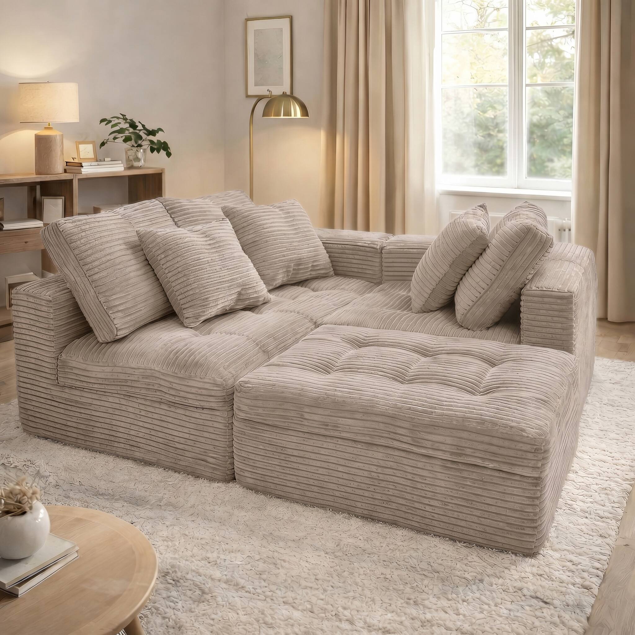 Angle. Anysun - Modular Cloud Sofa Set, 105" DIY Sectional w/ Ottoman, Pure Foam, Faux Rabbit Fur Velvet, Living Room Couch - Khaki.
