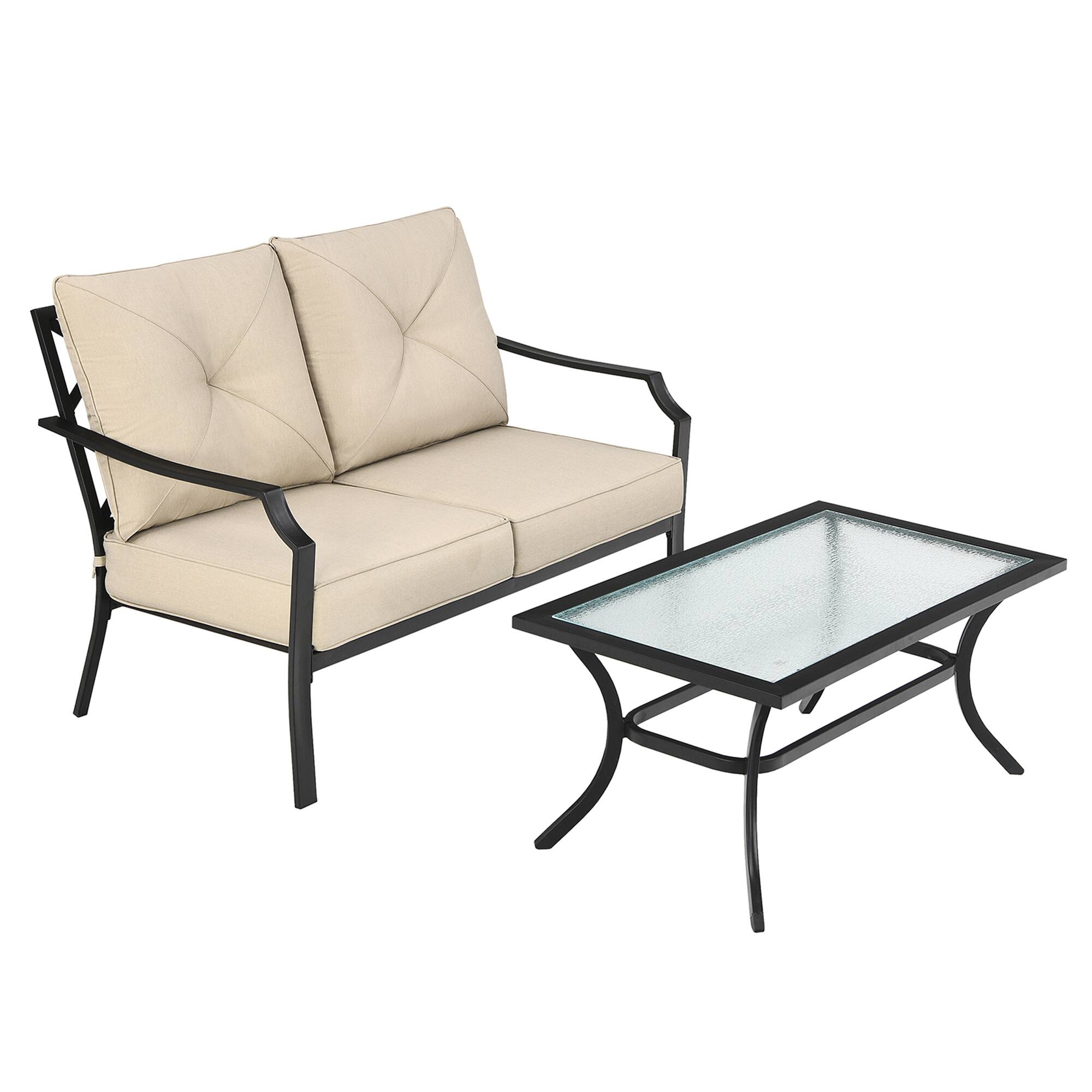Alt View 9. Gymax - Gymax 2PCS Outdoor Loveseat Set Cushioned Patio Bench Sofa w/ Coffee Table - Beige.
