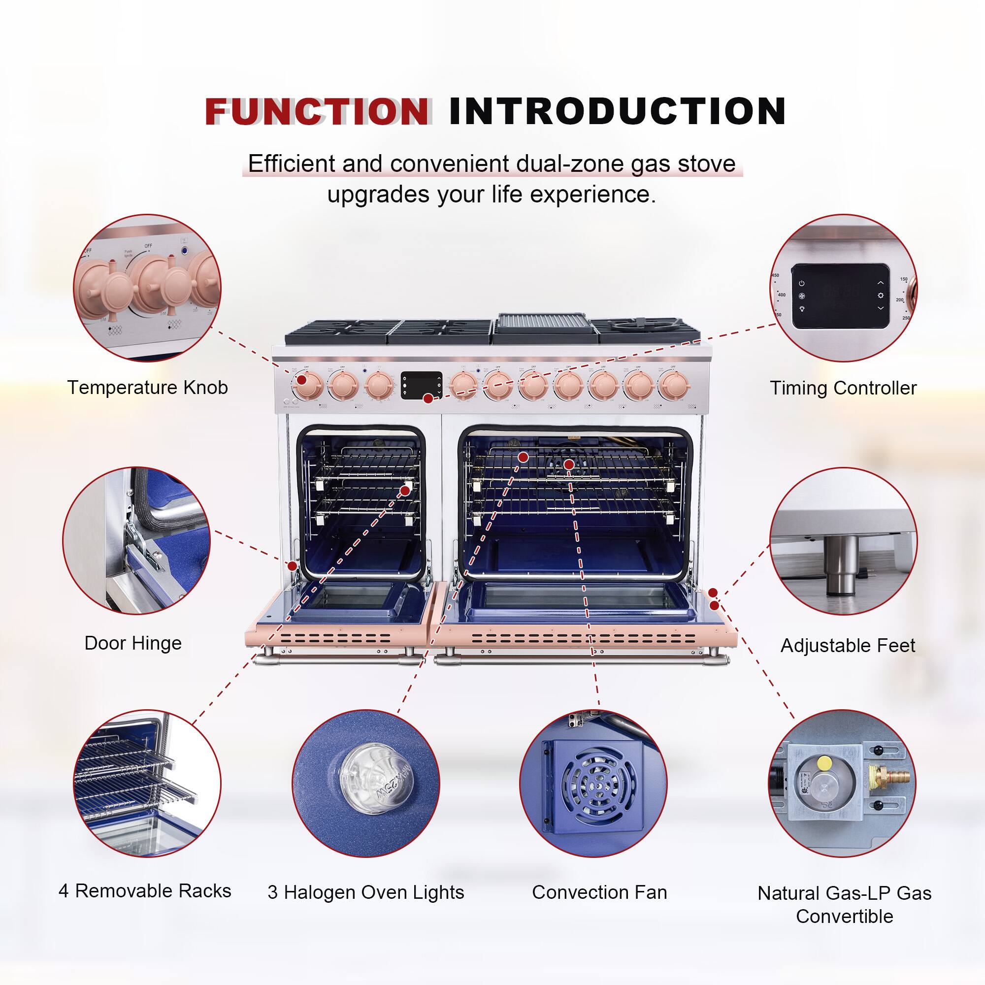 FUNCTION INTRODUCTION  
Efficient and convenient dual-zone gas stove upgrades your life experience.  

- Temperature Knob  
- Timing Controller  
- Door Hinge  
- Adjustable Feet  
- 4 Removable Racks  
- 3 Halogen Oven Lights  
- Convection Fan  
- Natural Gas-LP Gas Convertible