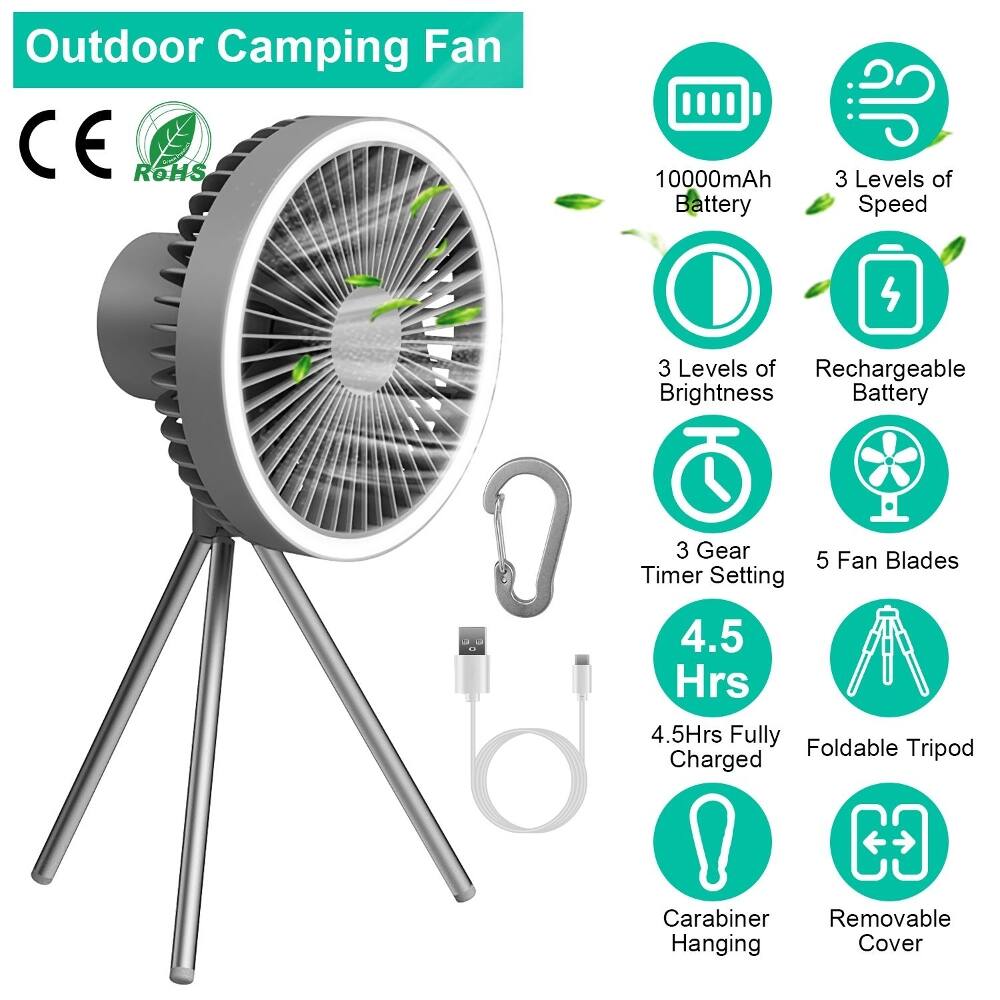 Outdoor Camping Fan  
CE ROHS  
10000mAh Battery  
3 Levels of Speed  
3 Levels of Rechargeable Brightness  
3 Gear Timer Setting  
5 Fan Blades  
4.5 Hrs  
4.5 Hrs Fully Charged  
Foldable Tripod  
Carabiner  
Removable Hanging Cover