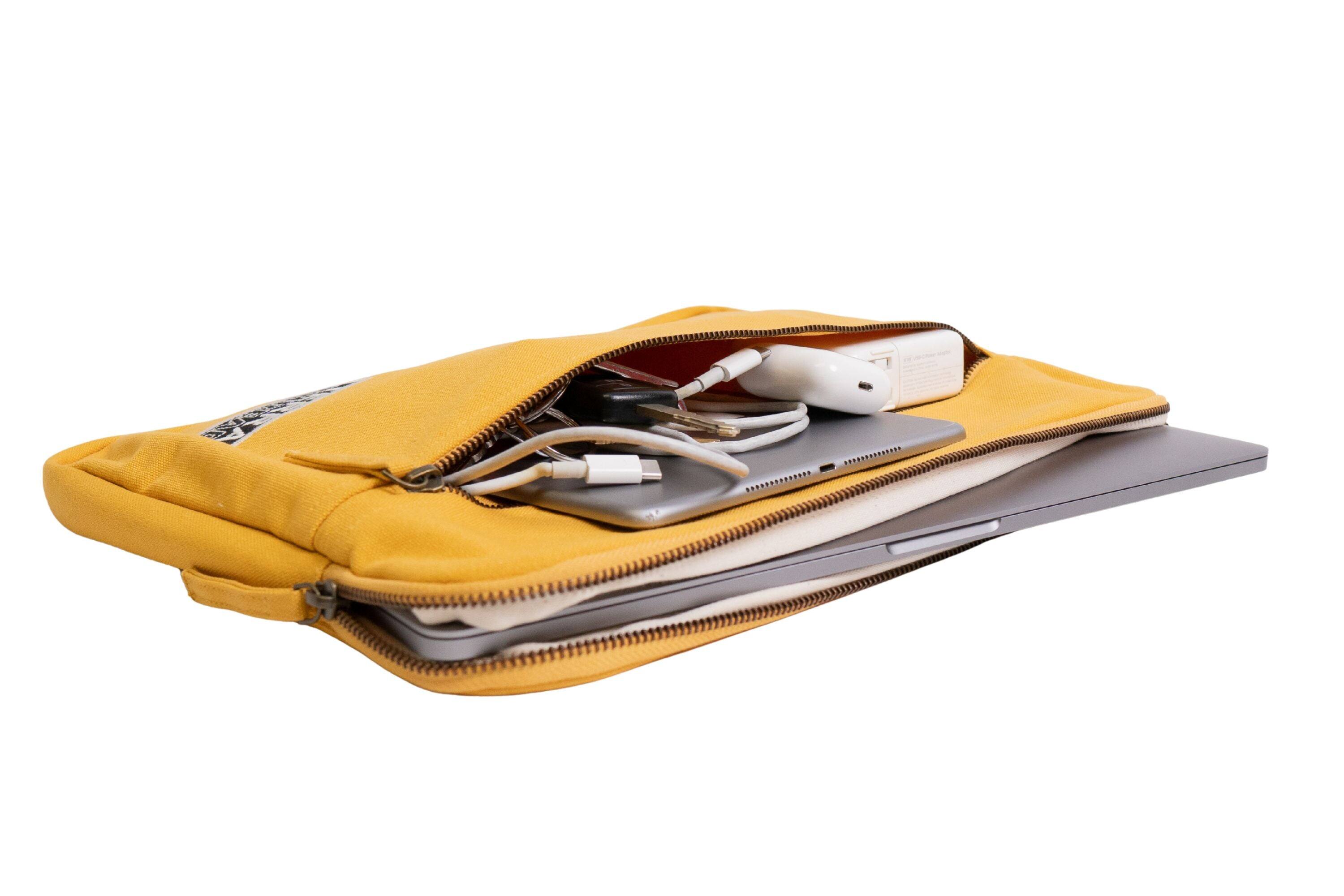 Left. Terra Thread - Organic Cotton Laptop Sleeve 15 inches - Mustard Yellow.