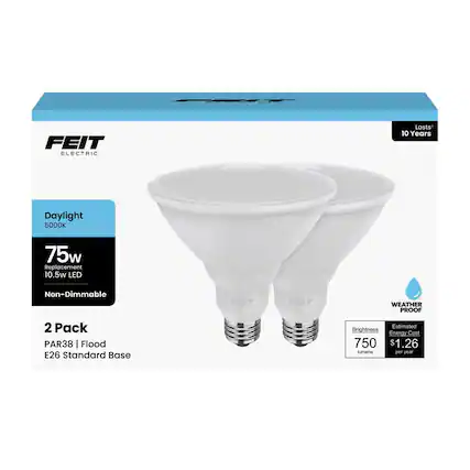 FEIT ELECTRIC
Lasts 10 Years
Daylight 5000K
75w Replacement 10.5w LED Non-Dimmable
2 Pack PAR38 | Flood E26 Standard Base
Brightness 750 lumens
Estimated Energy Cost $1.26 per year
WEATHER PROOF