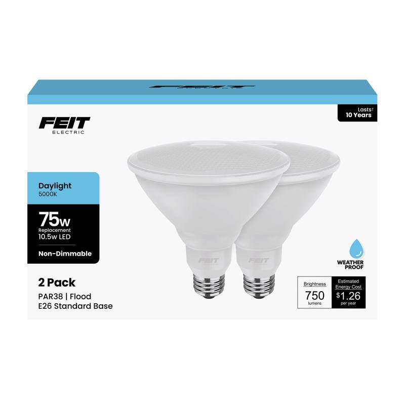 FEIT ELECTRIC

Lasts 10 Years

Daylight 5000K

75w Replacement 10.5w LED Non-Dimmable

2 Pack PAR38 | Flood E26 Standard Base

Brightness 750 lumens

Estimated Energy Cost $1.26 per year

WEATHER PROOF