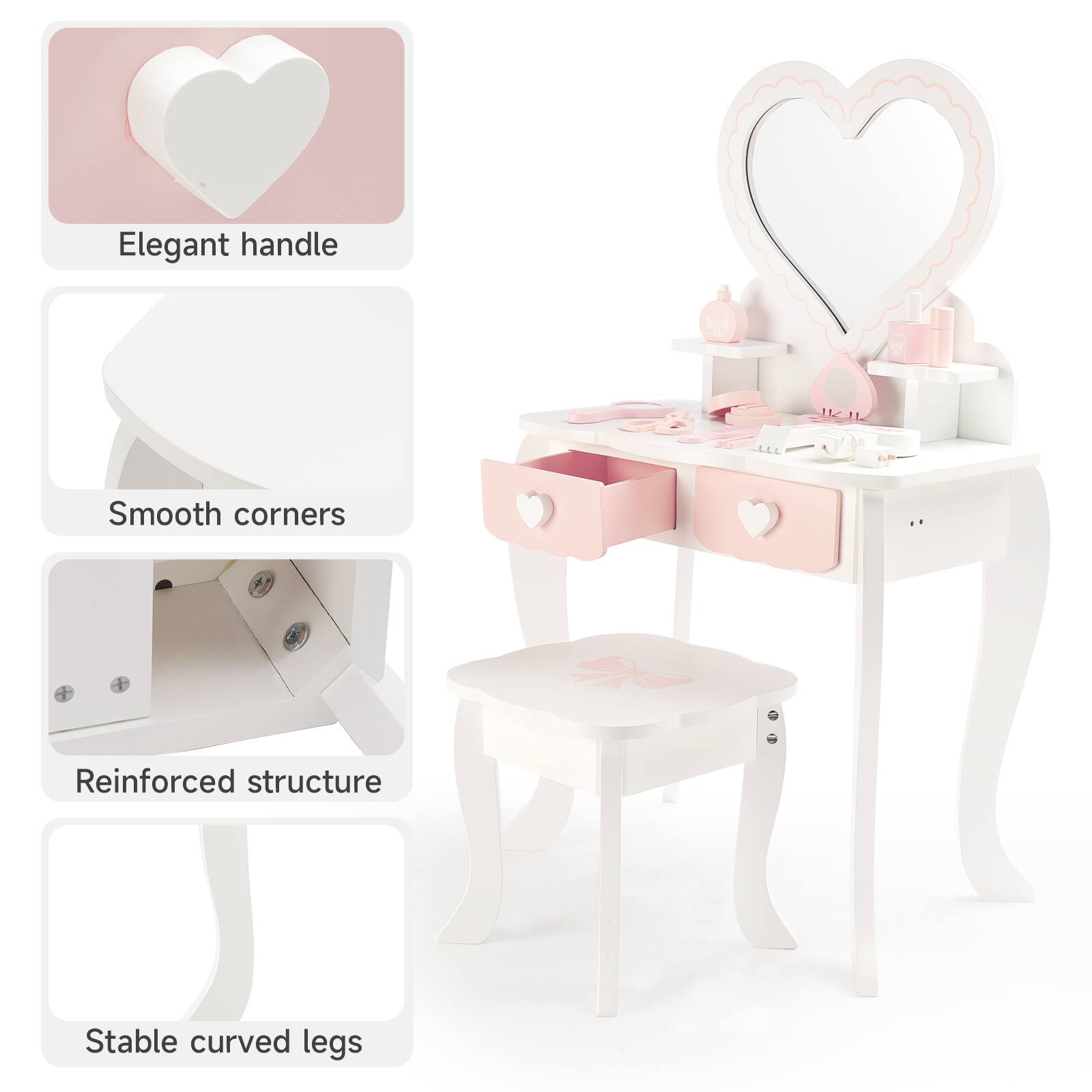 Elegant handle  
Smooth corners  
Reinforced structure  
Stable curved legs