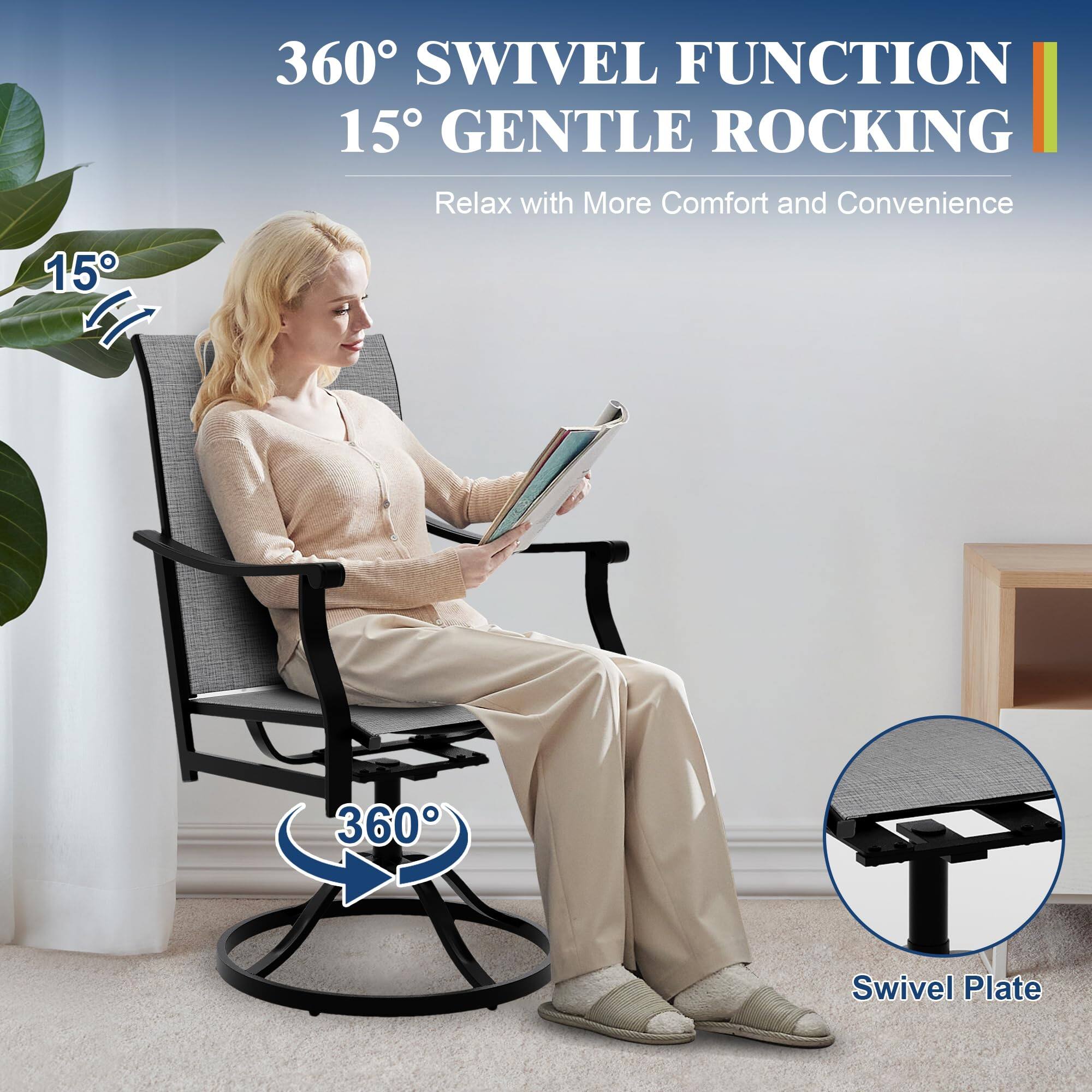 360° SWIVEL FUNCTION  
15° GENTLE ROCKING  

Relax with More Comfort and Convenience  

15°  

360°  

Swivel Plate