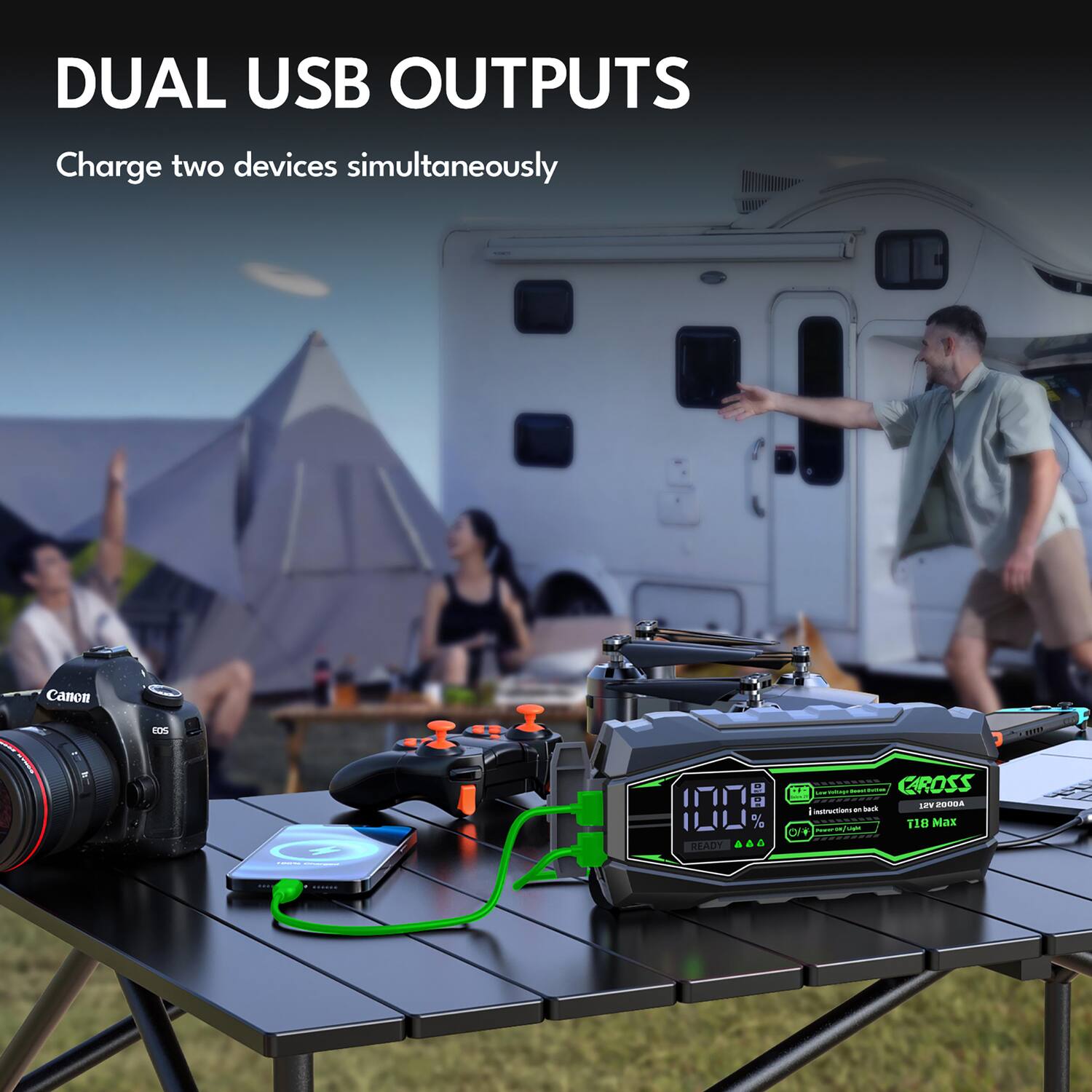 DUAL USB OUTPUTS  
Charge two devices simultaneously  

CROSS  
12V 2000A  
T18 Max