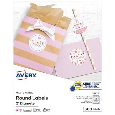 Avery - Printable Round Labels with Sure Feed, 2" Dia, Matte 300 Labels/Pack (22877) - White