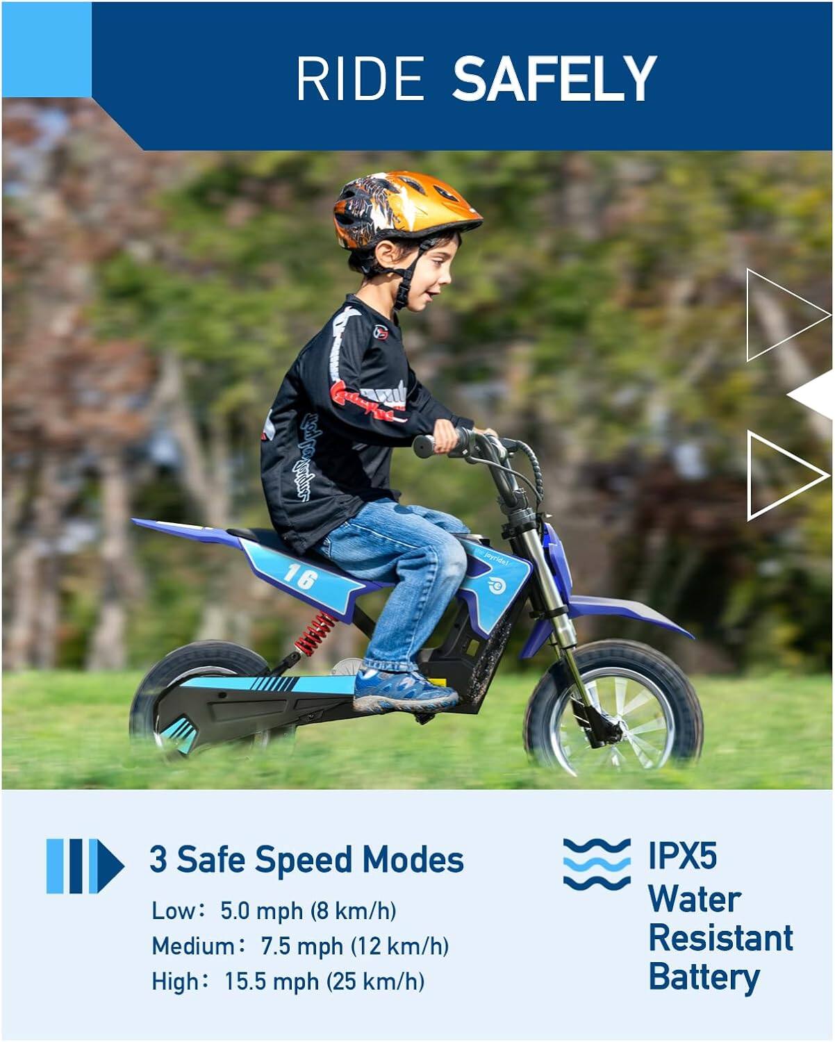 RIDE SAFELY

3 Safe Speed Modes
Low: 5.0 mph (8 km/h)
Medium: 7.5 mph (12 km/h)
High: 15.5 mph (25 km/h)

IPX5 Water Resistant Battery