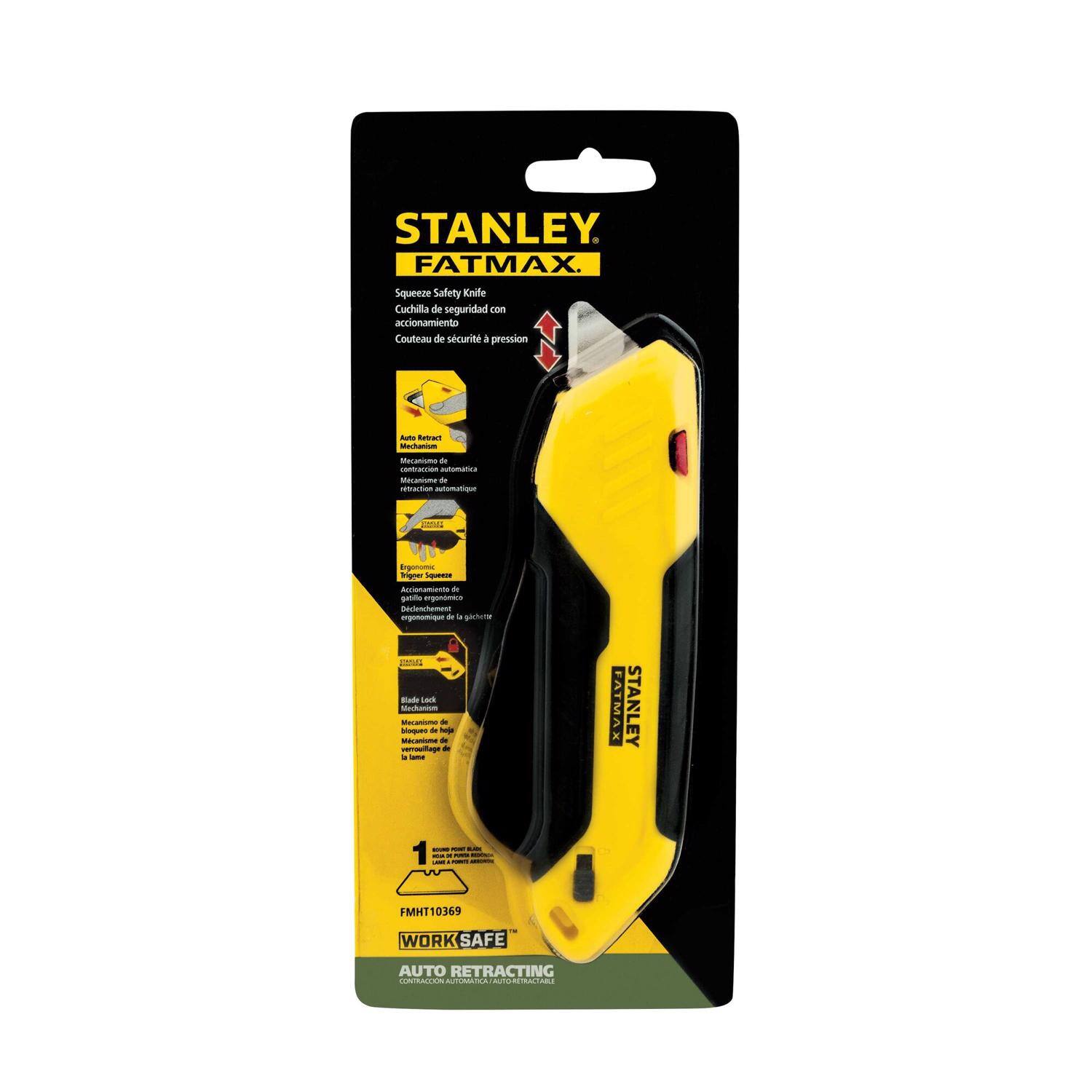STANLEY FATMAX Squeeze Safety Knife  
Cuchilla de seguridad con accionamiento  
Couteau de sécurité i pression  
Auto Retract  
Mecanuma de netnartion nutemat  
Accionamiento automático de a gichure  
CRLA Sude Ladk Medtaniom  
FAYMAX x STANLEY  
1  
FMHT10369  
WORK SAFE AUTO RETRACTING