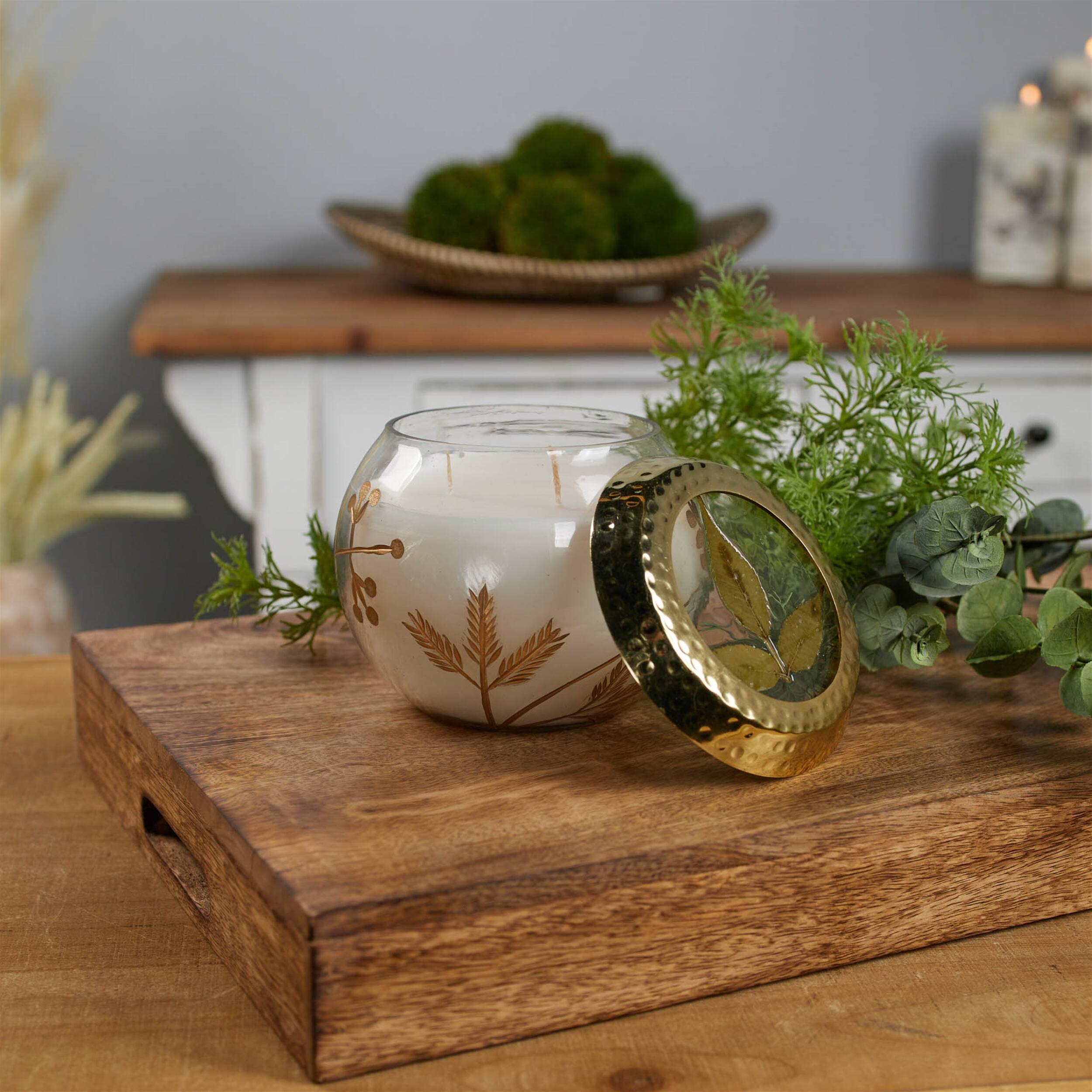 Alt View 1. BreeBe - Frosted Juniper Scented Soy Candle with Pressed Leaf Lid 5"D - White, Gold.