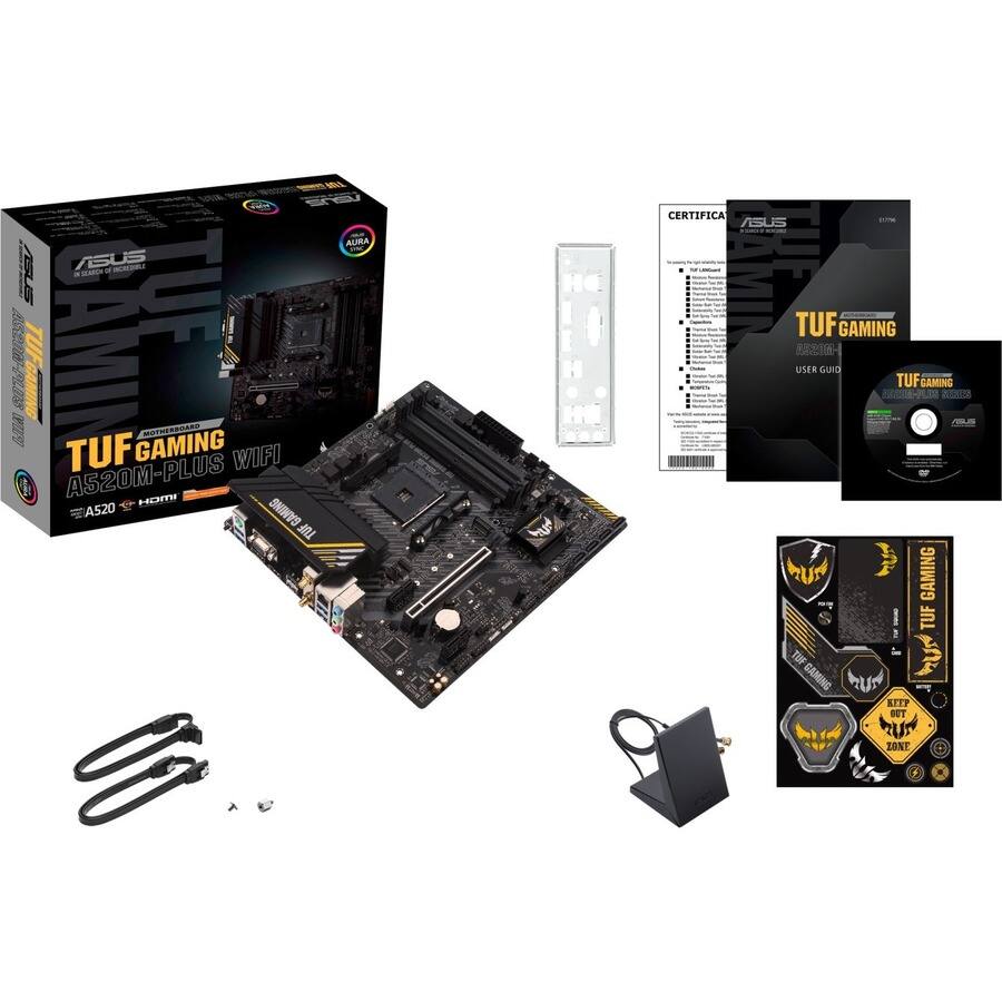 Sure, here is the corrected and grouped text from the image:

**Box:**
- ASUS
- TUF GAMING A520M-PLUS WIFI
- MOTHERBOARD
- A520M-PLUS WIFI
- TUF GAMING
- AURA SYNC
- CERTIFIED BY INTEL

**Motherboard:**
- TUF GAMING
- A520M-PLUS WIFI
- A520

**Certification:**
- CERTIFICA
- ASUS
- TUF GAMING A520M-PLUS WIFI
- USER GUIDE

**User Guide:**
- TUF GAMING
- A520M-PLUS WIFI
- USER GUIDE

**Stickers:**
- TUF GAMING
- KEEP OUT ZONE
- TUF GAMING

**Other Items:**
- Screws and standoffs
- I/O shield
- Power connector