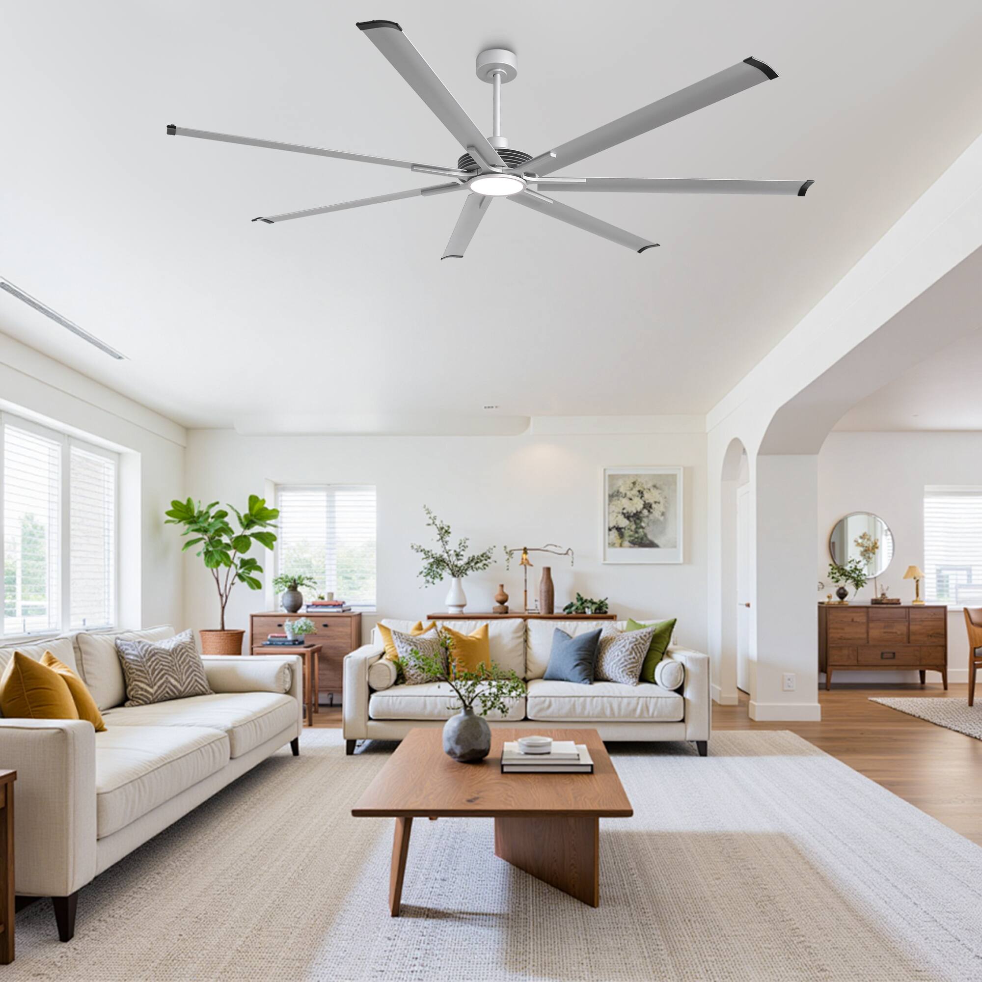 Left. Parrot Uncle - 100-inch Silver Industrial Extra Large Commercial HVLS LED Ceiling Fan with 7 Aluminum Blades and Remote Control - Silver.