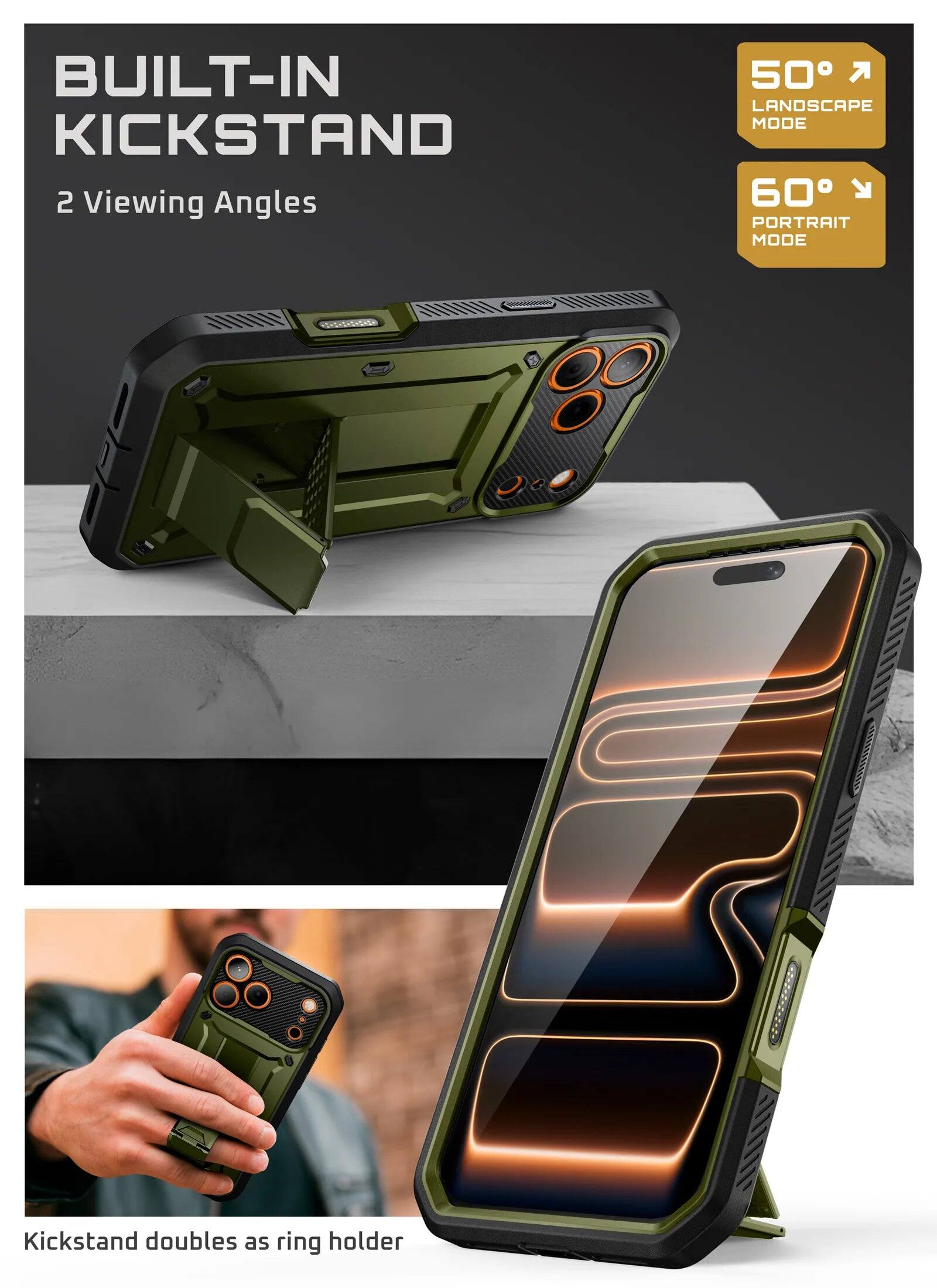 BUILT-IN KICKSTAND  
2 Viewing Angles

50° LANDSCAPE MODE  
60° PORTRAIT MODE

Kickstand doubles as ring holder