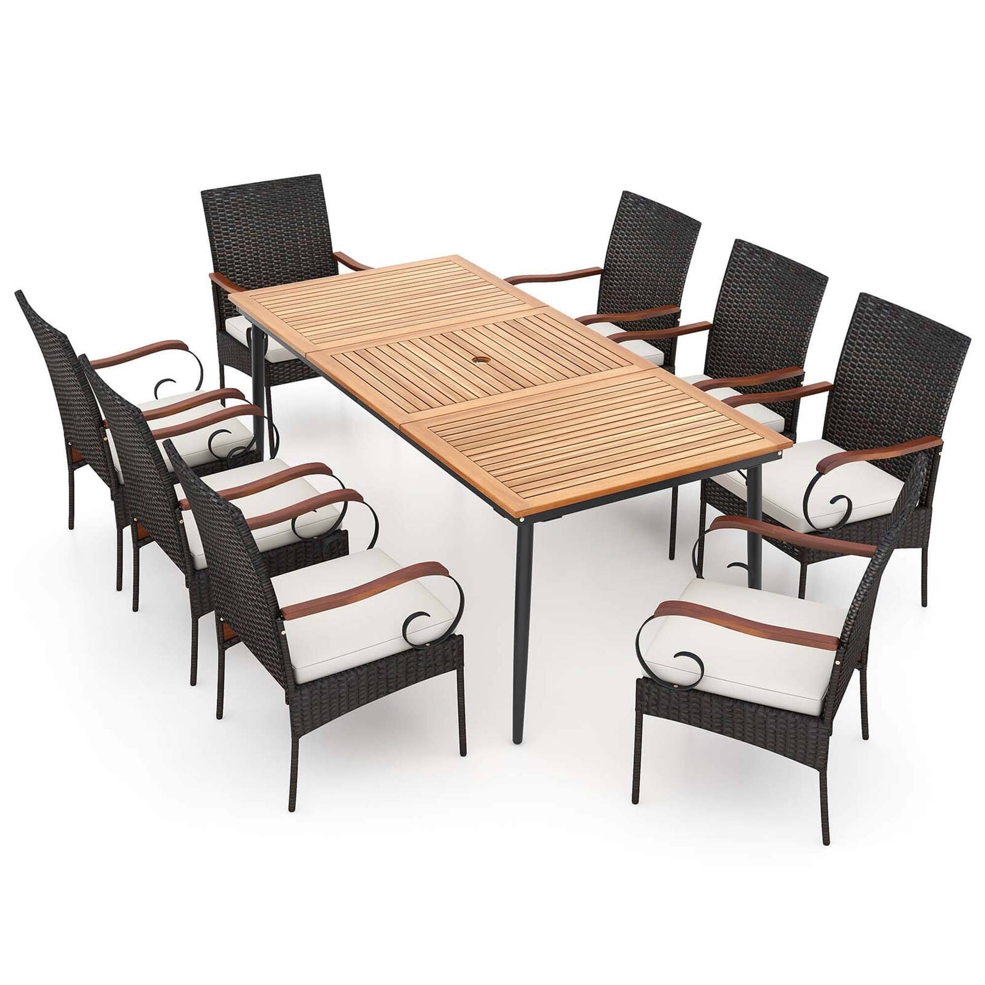 Alt View 6. Costway - 9 PCS Patio Dining Set with Acacia Wood Tabletop 1.9" Umbrella Hole Outdoor - Natural & Black,Mix Brown,Off White.