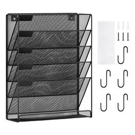 VEVOR - File Wall Rack, One-Piece 6 Pockets Mesh Wall File Holder, Wall Mounted Magazine Mail Paper & Document Storage Folder - Black