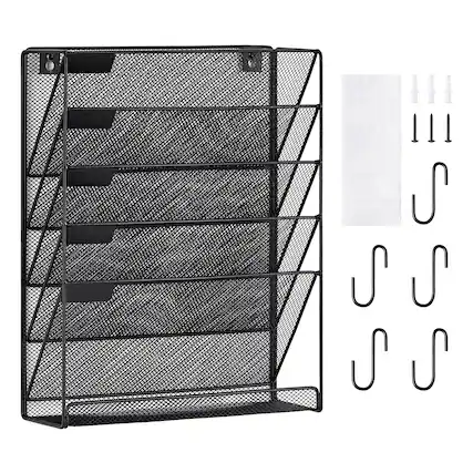 Front. VEVOR - File Wall Rack, One-Piece 6 Pockets Mesh Wall File Holder, Wall Mounted Magazine Mail Paper & Document Storage Folder - Black.