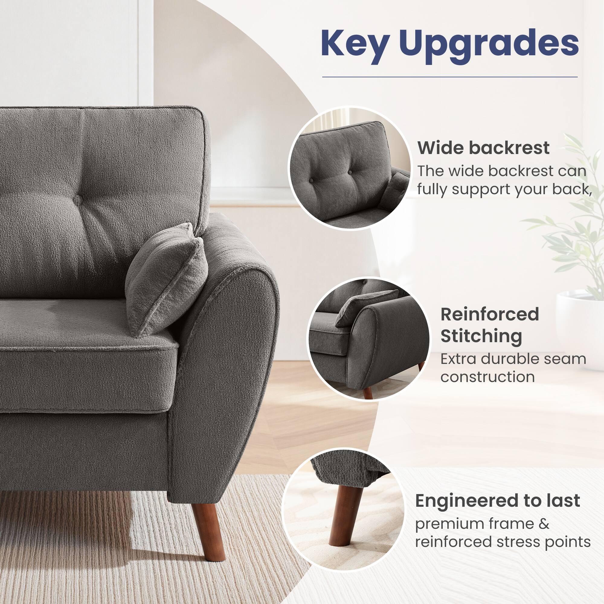 Key Upgrades

- Wide backrest
  - The wide backrest can fully support your back.

- Reinforced Stitching
  - Extra durable seam construction.

- Engineered to last
  - Premium frame & reinforced stress points.
