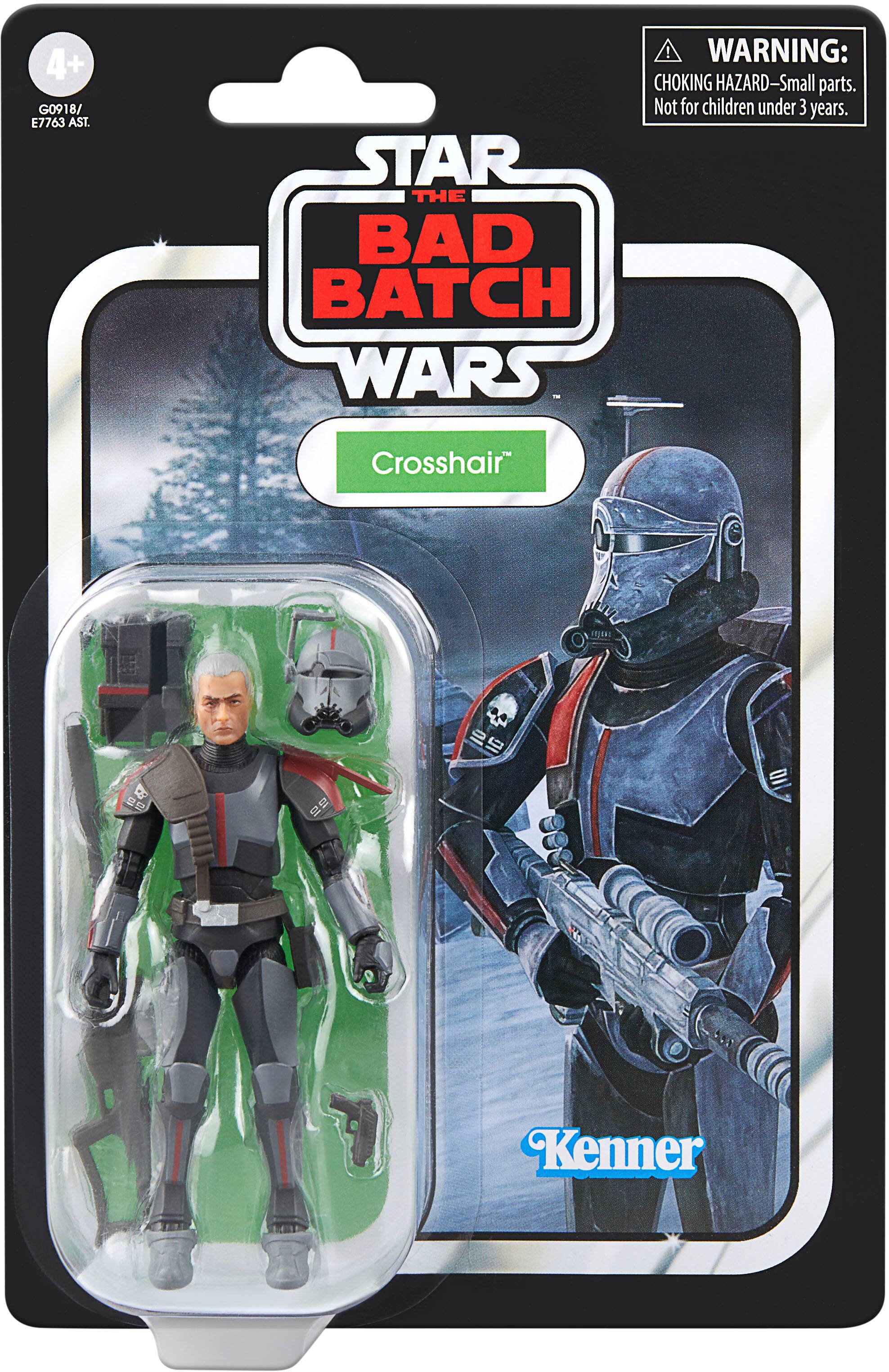 The text on the image is grouped as follows:

1. "4+ GO918/ E7763 AST. ! WARNING: CHOKING HAZARD-Small parts. Not for children under 3 years."
2. "STAR THE BAD BATCH WARS Crosshair I"
3. "Kenner"