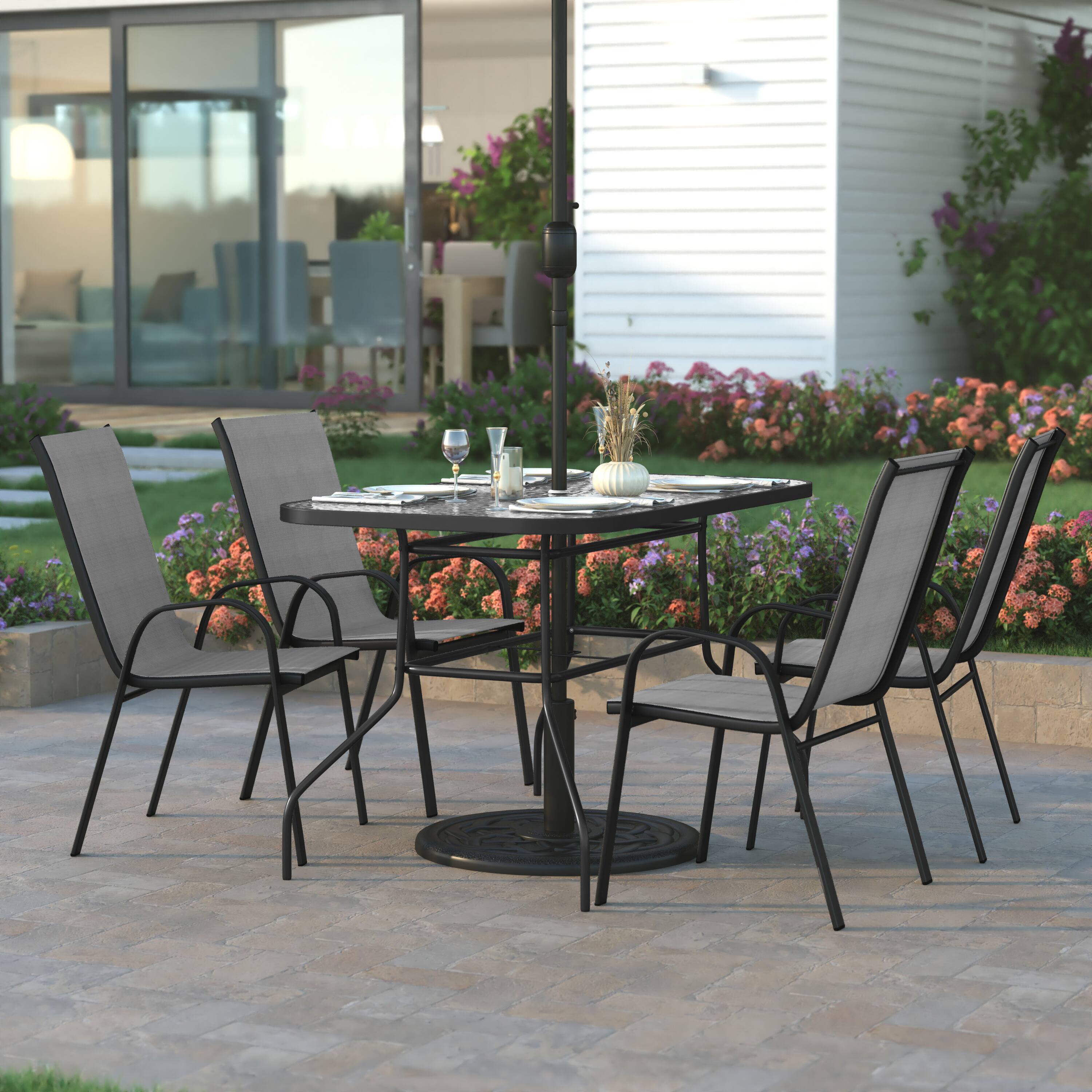 Alt View 1. Emma + Oliver - Bartlett 5 Piece Outdoor Dining Set with Tempered Glass Top Patio Table and 4 Flex Comfort Textilene Stacking Chairs - Gray.