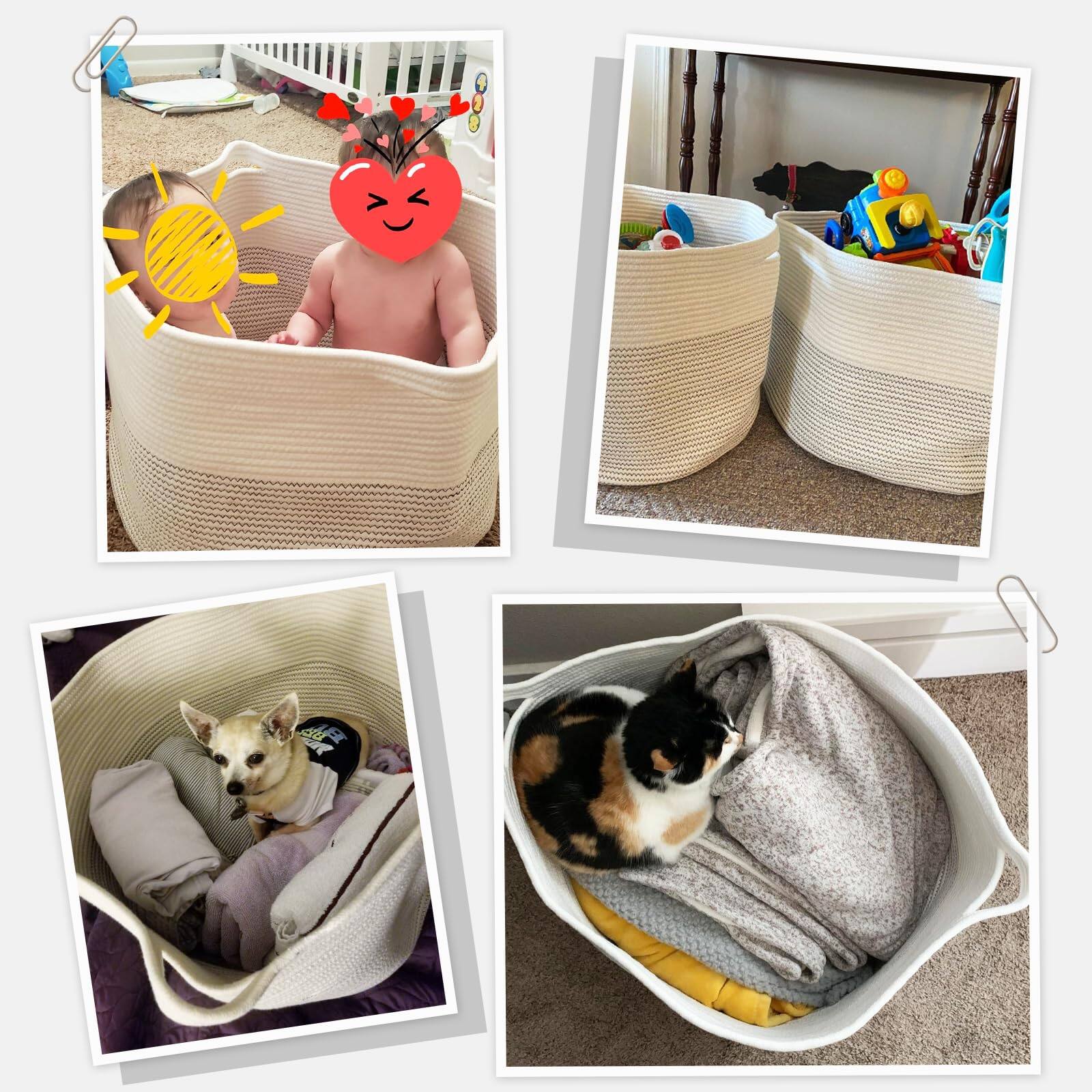 Alt View 4. Dapper Styles - Xxxlarge Cotton Rope Basket 21 7" X 13 8" Woven Laundry For Blankets Toys Storage Baskets With Handle Comfo... - White & Brown-21.7"D x 13.8"H.