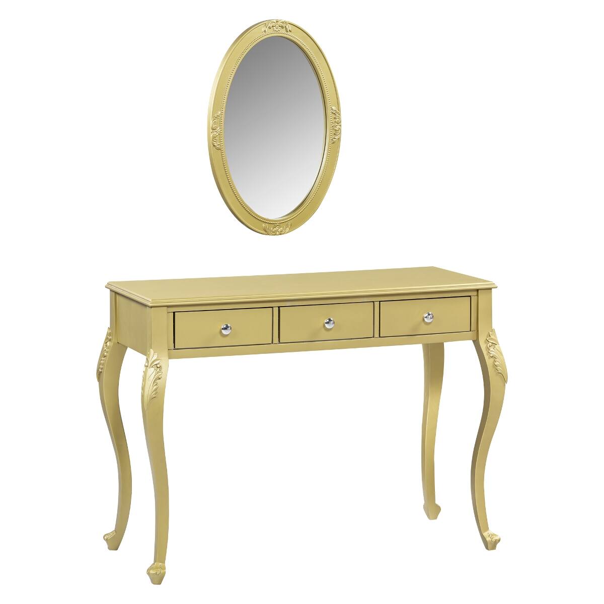 Alt View 1. Loheer - Loheer Gold Makeup Vanity Desk with Oval Mirror and Three Drawers - Gold.